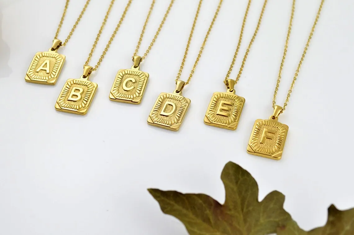 Stainless Steel Gold Name Initial Necklace, Letter Necklace, Rectangle No Tarnish Christmas Gifts, Birthday Gifts for Her, Gold Plated