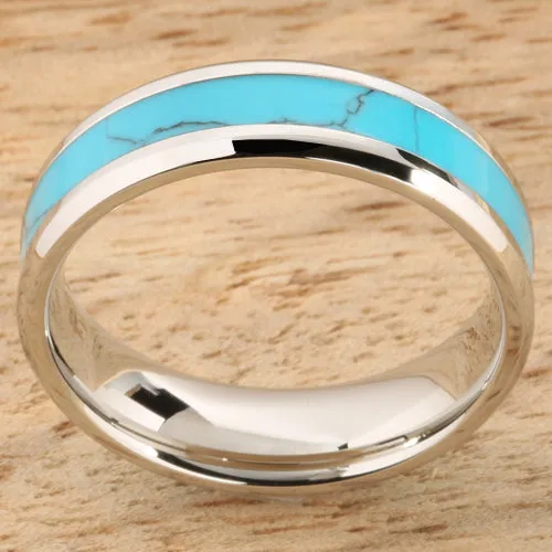 Stainless Steel Turquoise Inlaid Beveled Edge Wedding Ring 6mm