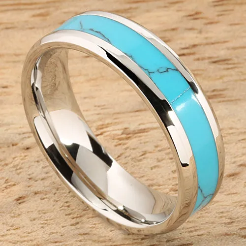 Stainless Steel Turquoise Inlaid Beveled Edge Wedding Ring 6mm