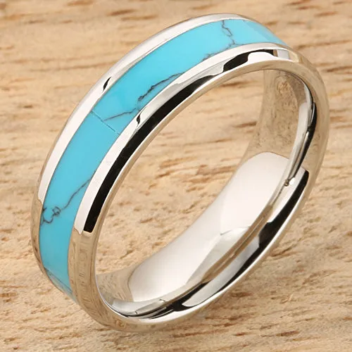 Stainless Steel Turquoise Inlaid Beveled Edge Wedding Ring 6mm