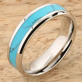 Stainless Steel Turquoise Inlaid Beveled Edge Wedding Ring 6mm