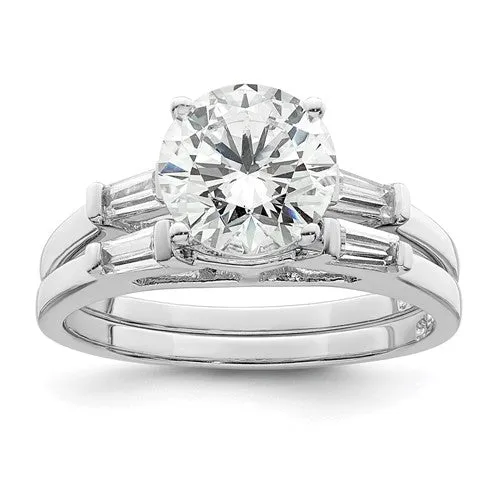 Sterling Silver CZ Round and Baguette Two Piece Wedding Set Rings