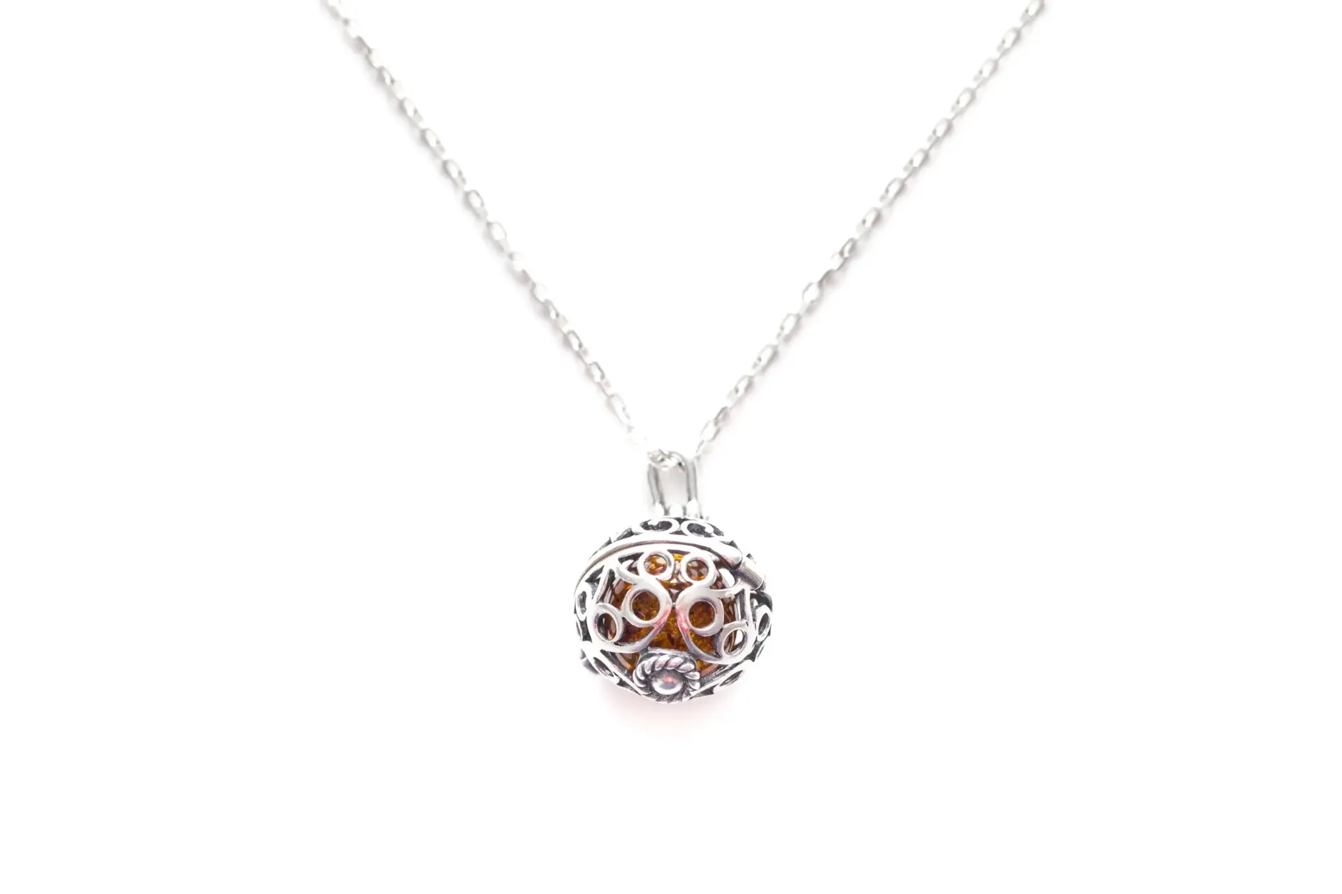 Sterling Silver Filigree Locket Necklace with Baltic Amber Stone