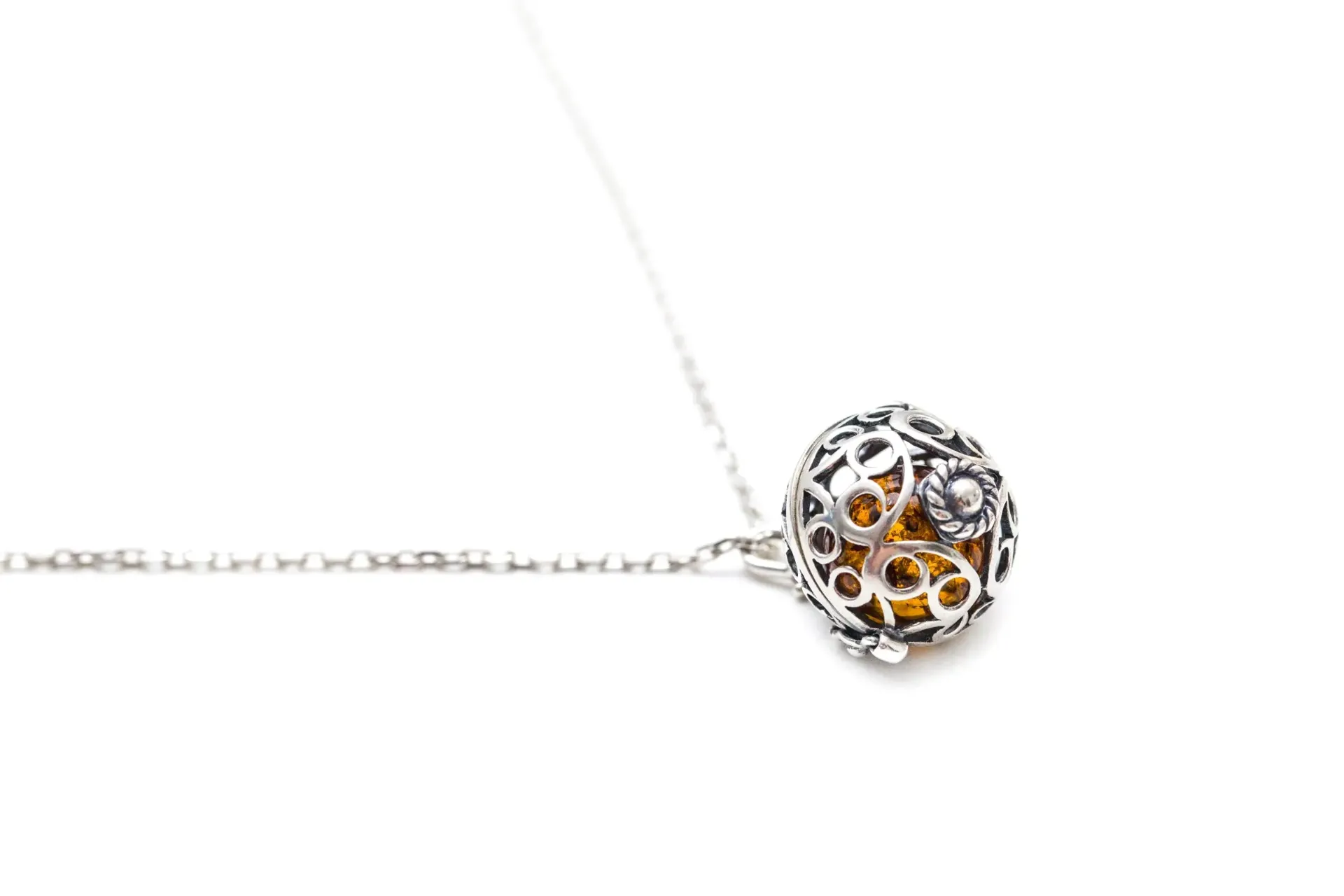 Sterling Silver Filigree Locket Necklace with Baltic Amber Stone