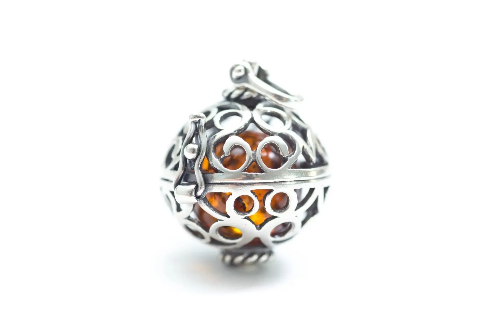 Sterling Silver Filigree Locket Necklace with Baltic Amber Stone