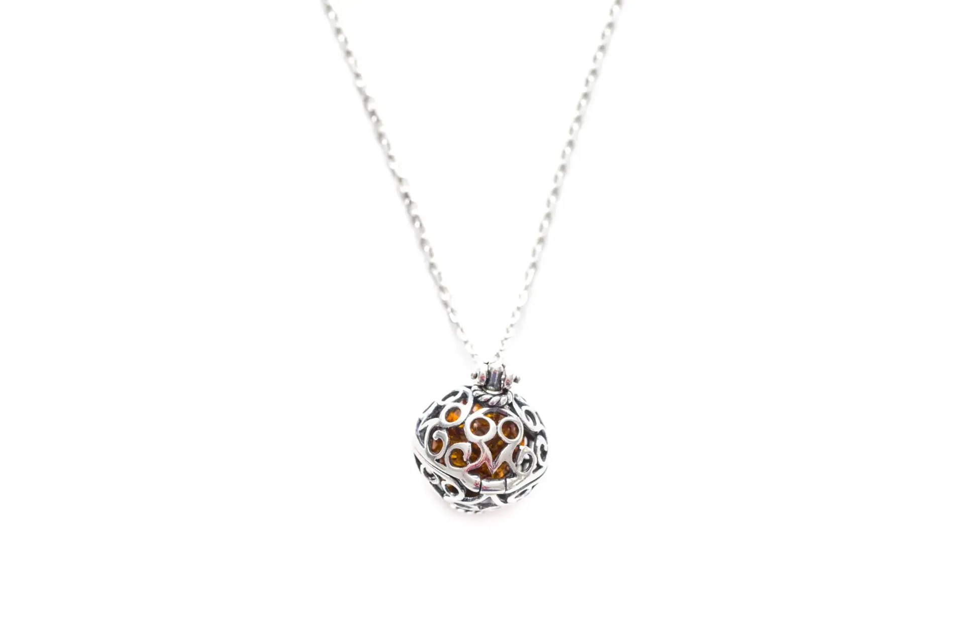 Sterling Silver Filigree Locket Necklace with Baltic Amber Stone