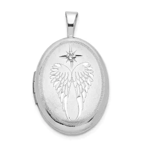 Sterling Silver Rhodium-plated 19mm Diamond Angel Wings Oval Locket