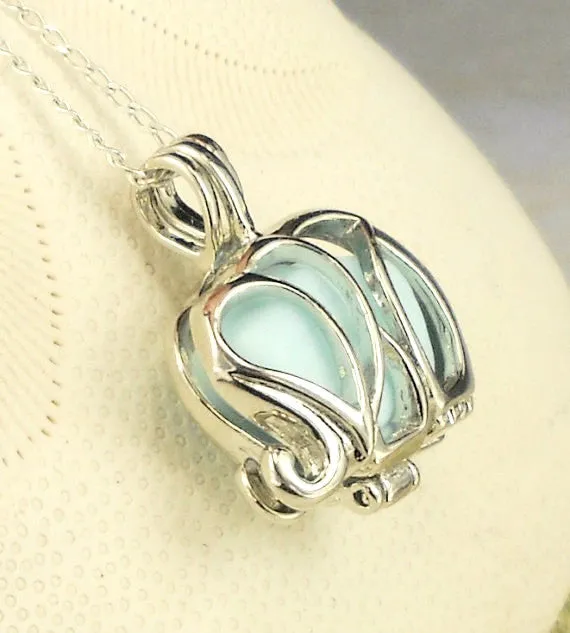 STERLING SILVER Sea Glass Necklace Elephant Locket Blue Milk Glass