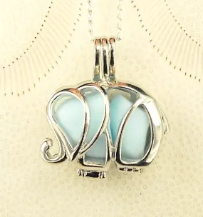 STERLING SILVER Sea Glass Necklace Elephant Locket Blue Milk Glass