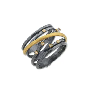 Stockholm Crosswire Oxidized Silver Ring with 11 Diamonds in 24k Gold Bezels