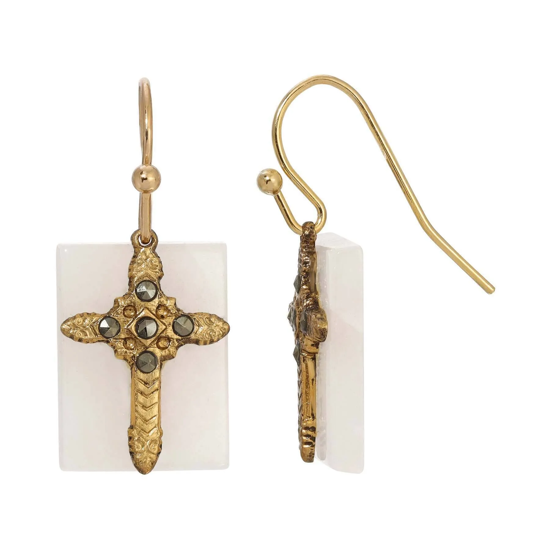 Symbols Of Faith Rectangular Gemstone Marcasite Stone Cross Drop Earrings