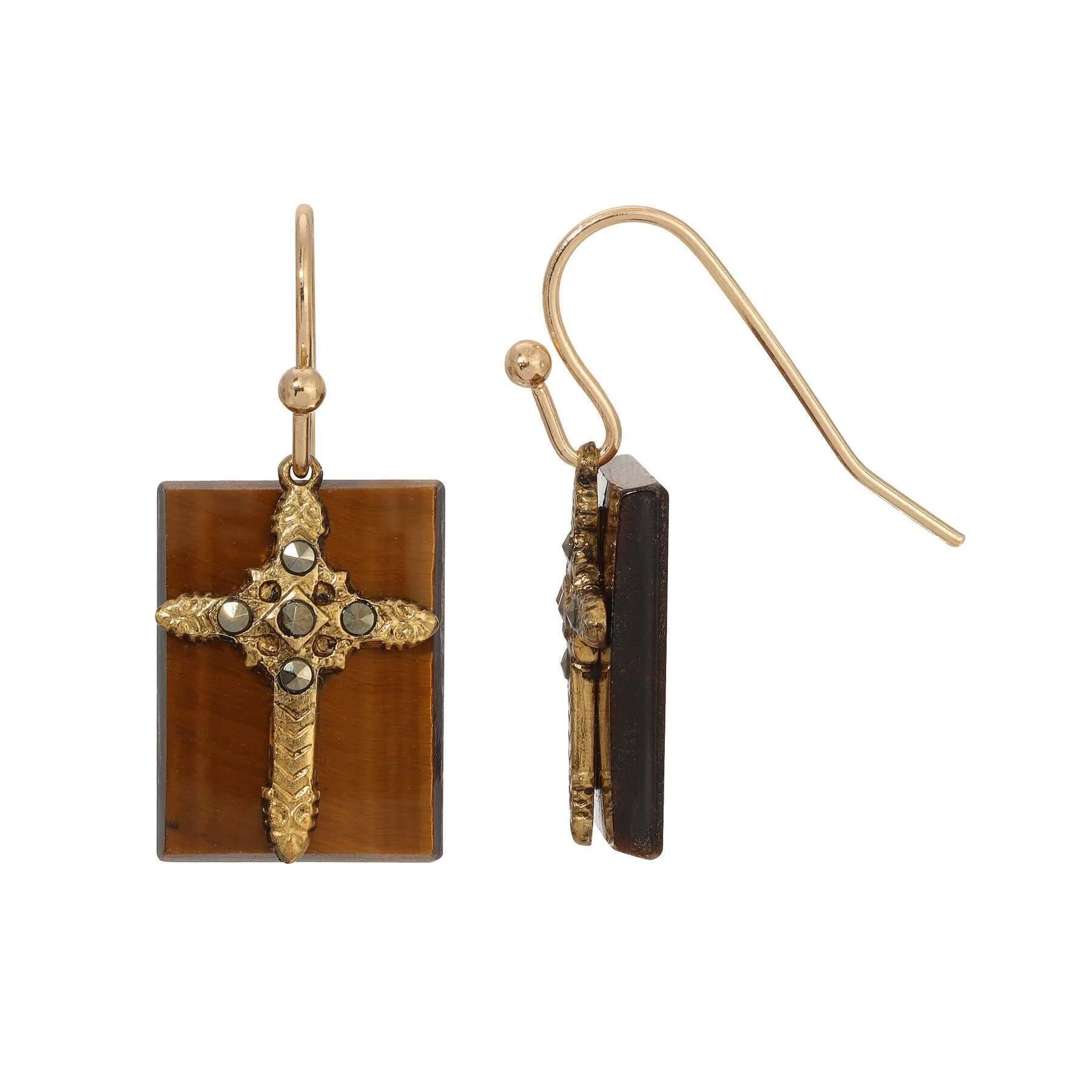 Symbols Of Faith Rectangular Gemstone Marcasite Stone Cross Drop Earrings