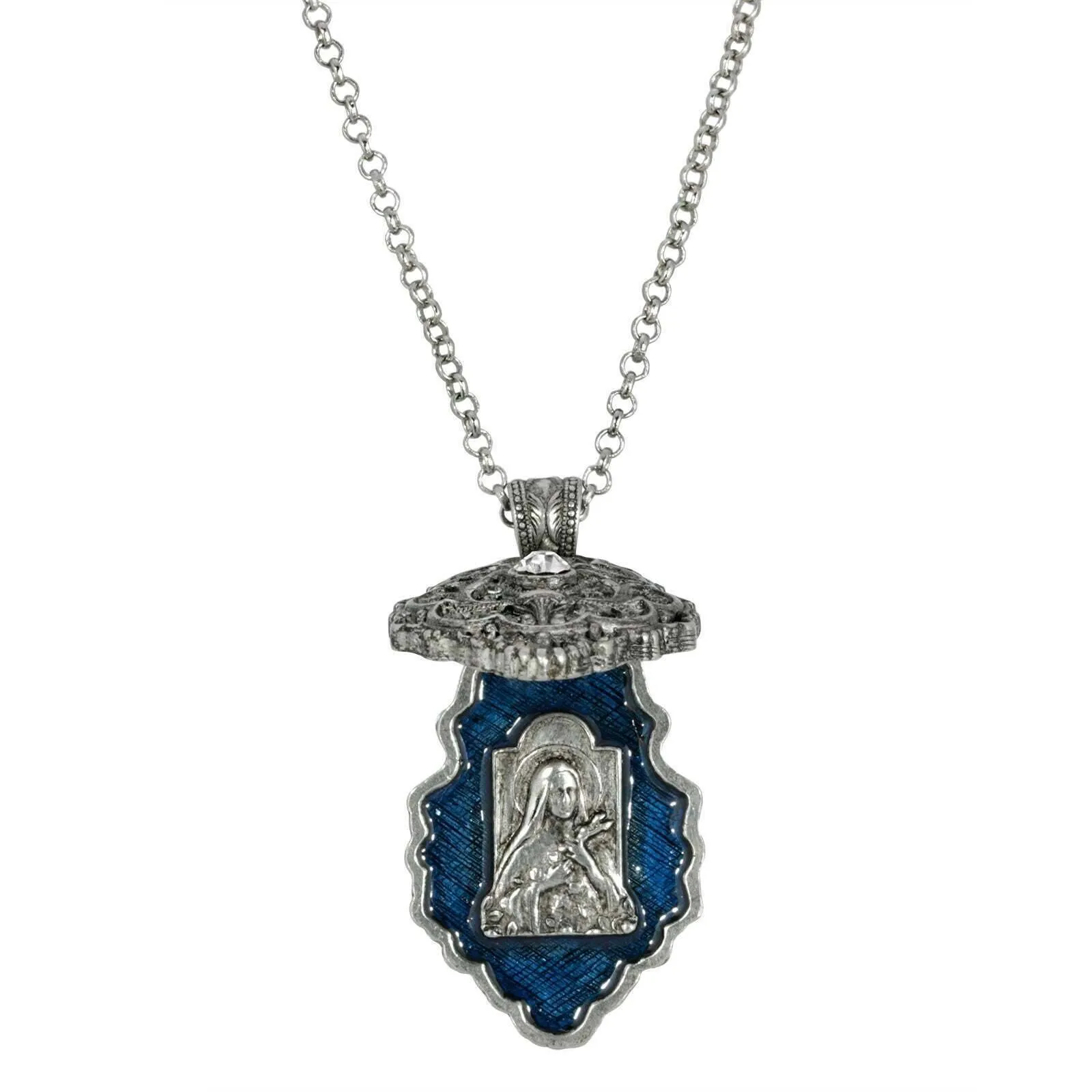 Symbols Of Faith Round Crystal Blue Enamel Saint Therese of Lisieux Reliquary Necklace 28"