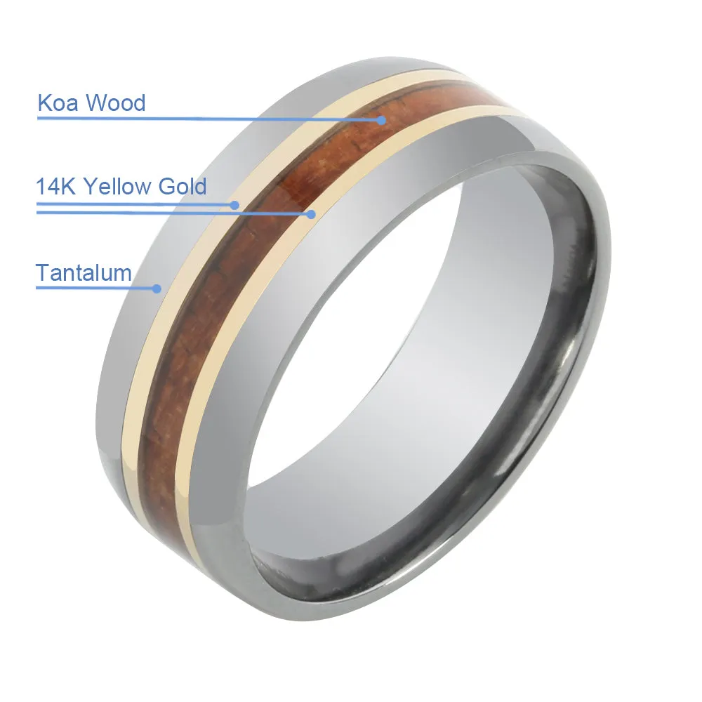 Tantalum with 14K Yellow Gold and Koa Wood Inlaid Wedding Ring Barrel 8mm