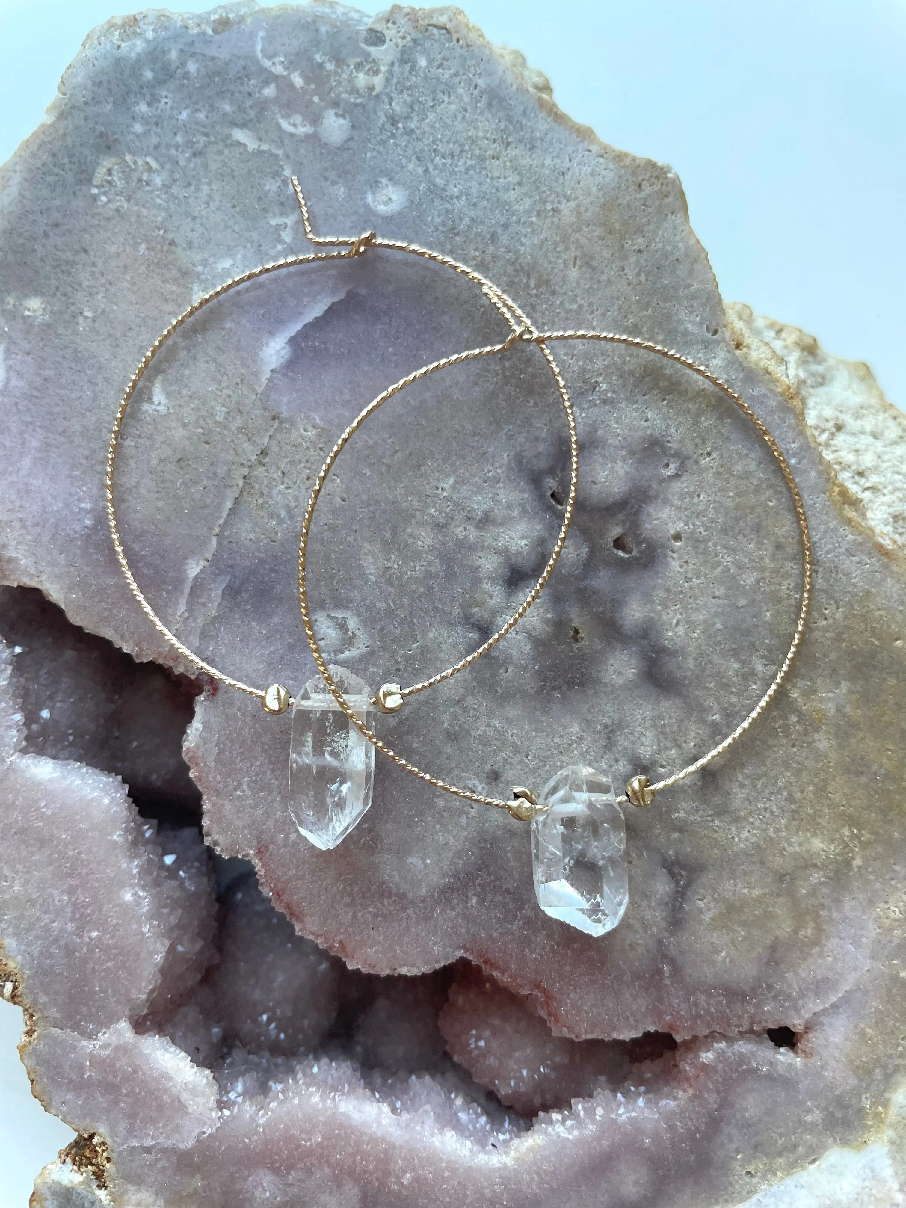 Thin Single Clear Quartz Boho Hoop Earrings