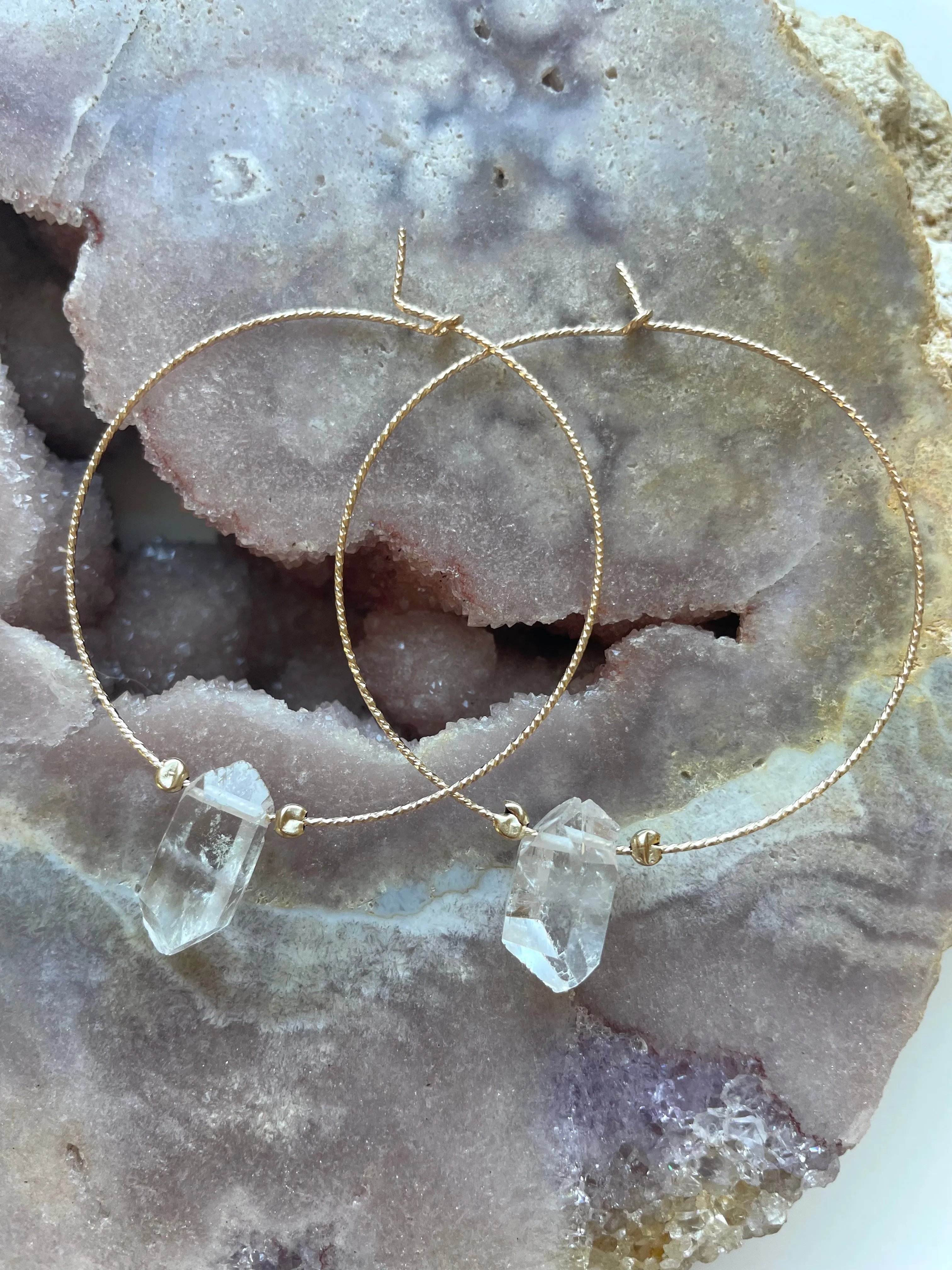 Thin Single Clear Quartz Boho Hoop Earrings