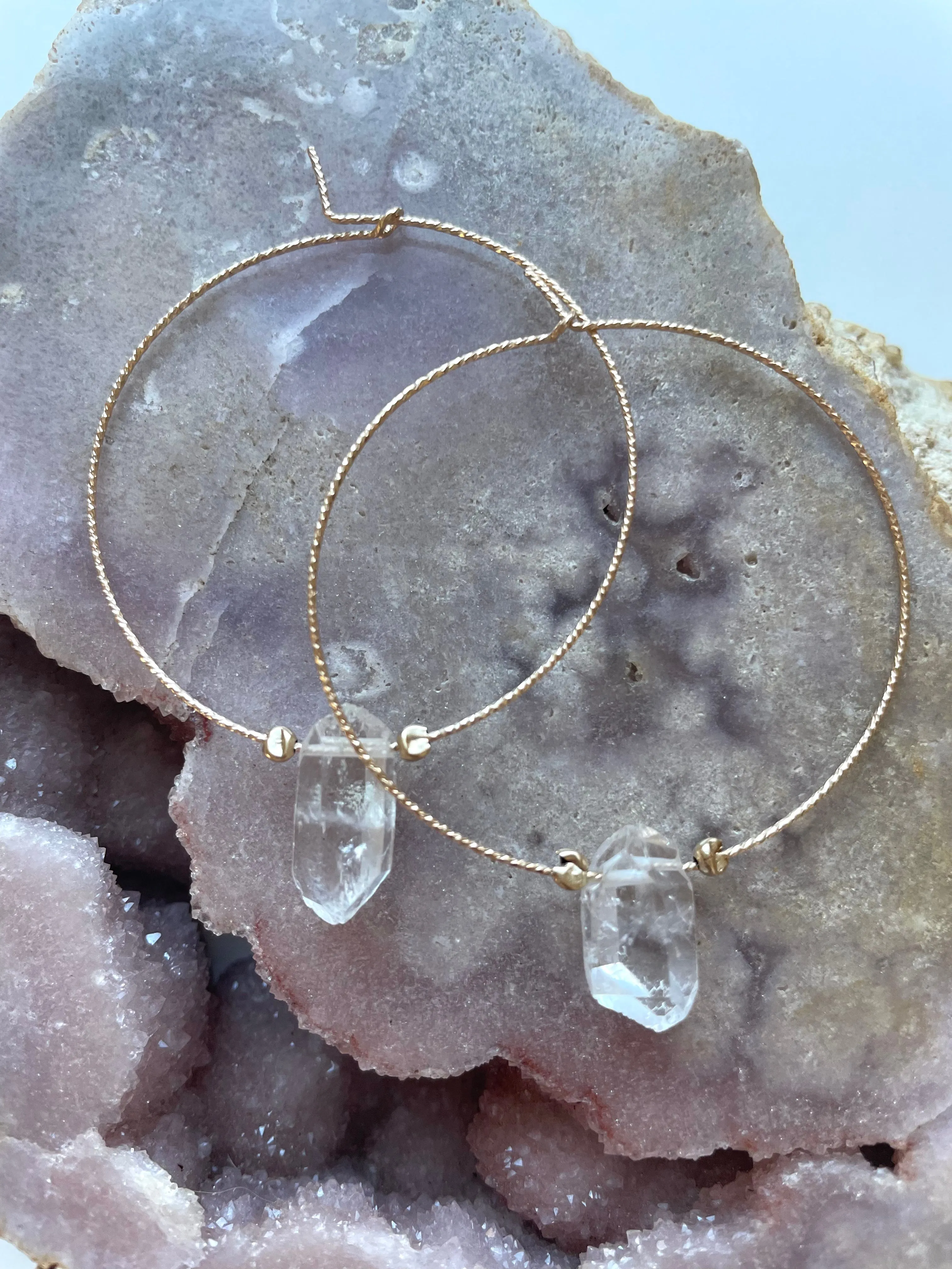 Thin Single Clear Quartz Boho Hoop Earrings