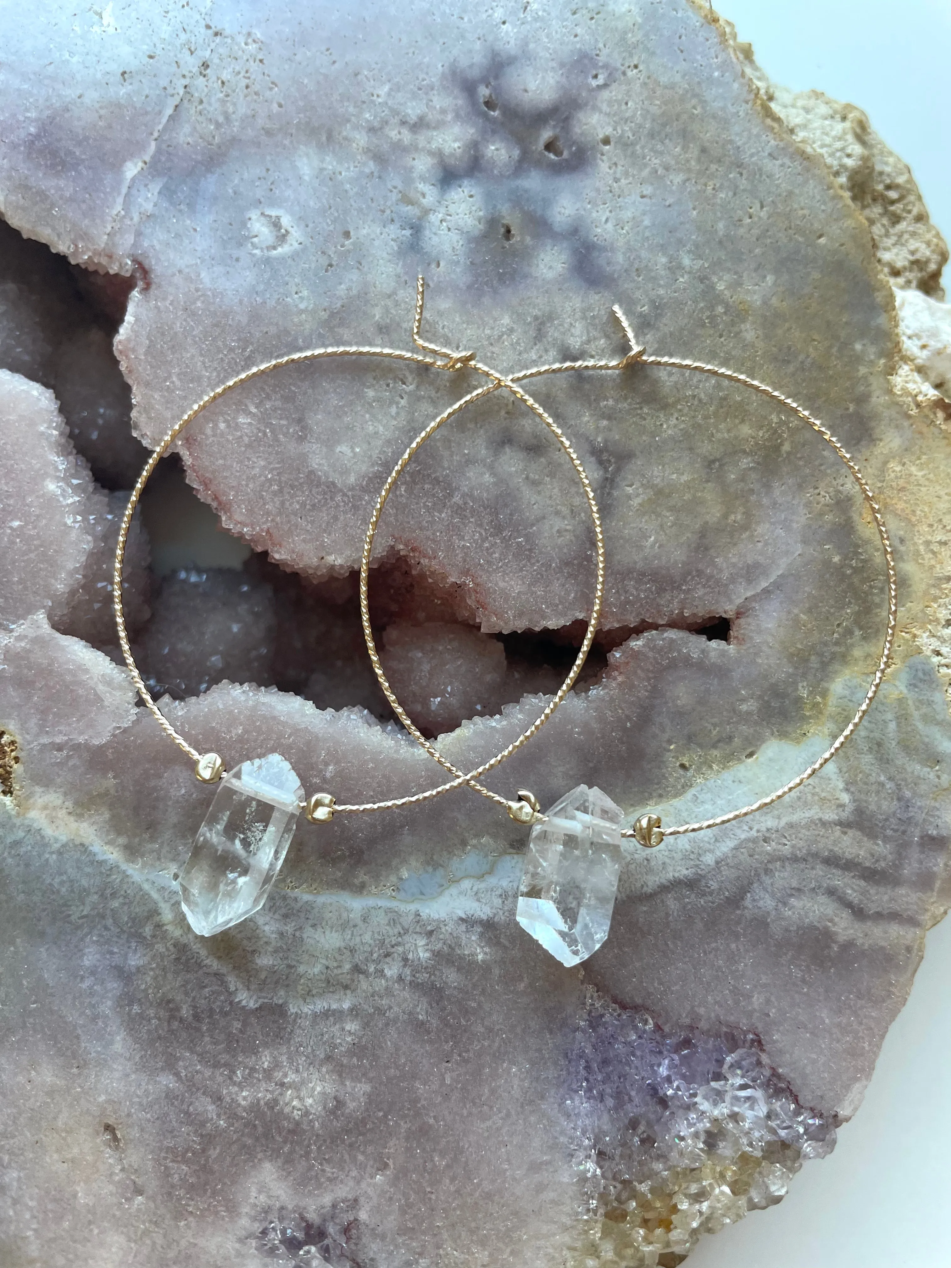 Thin Single Clear Quartz Boho Hoop Earrings