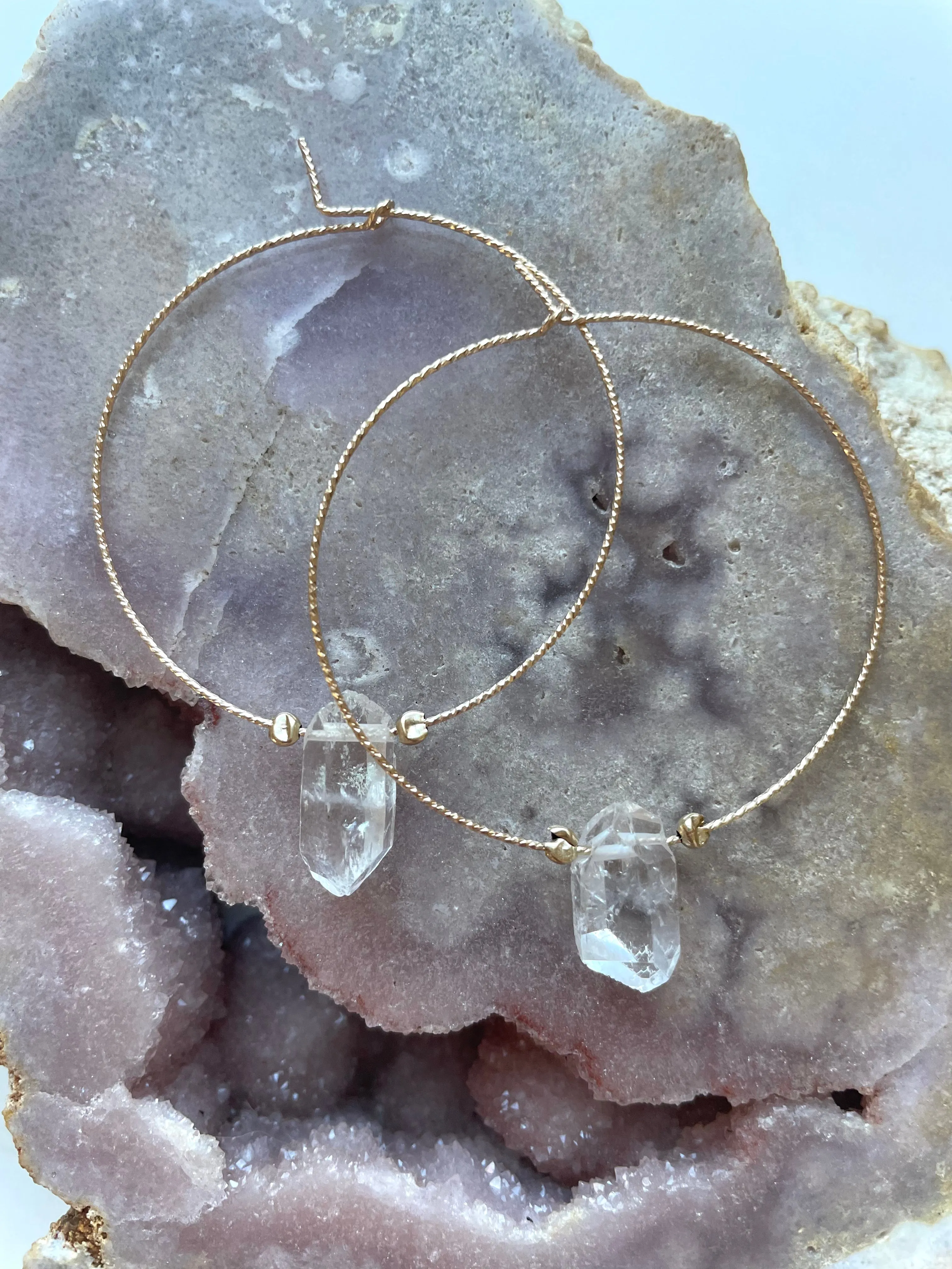 Thin Single Clear Quartz Boho Hoop Earrings