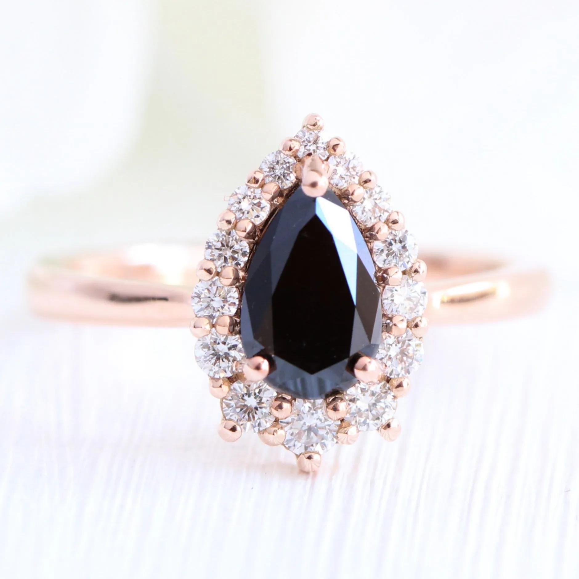 Tiara Halo Pear Black Diamond Ring Set w/ Large 7 Diamond Curved Tapered Band