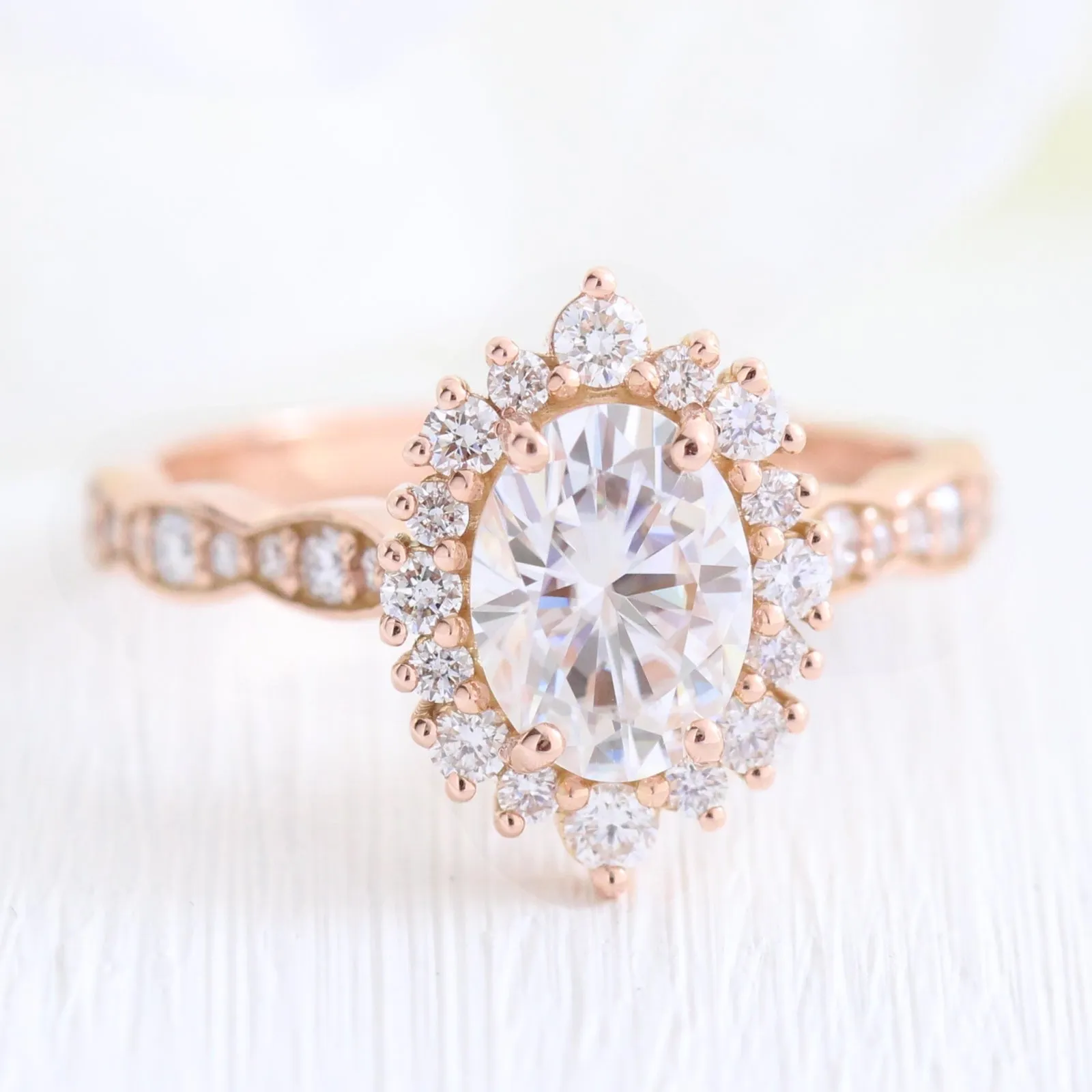 Tiara Halo Scalloped Ring Set w/ Oval Moissanite and Large 7 Diamond U Band