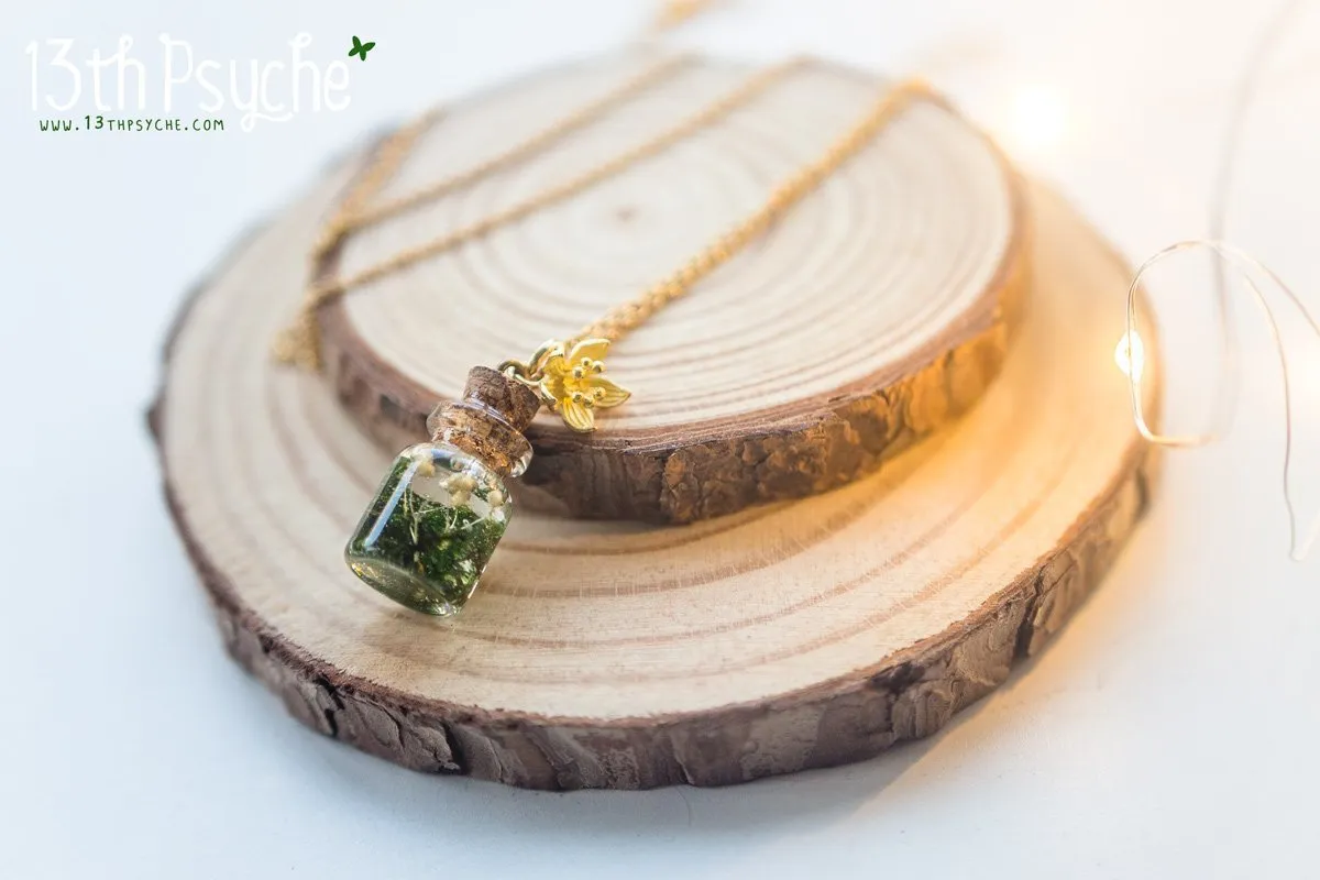 Tiny real moss bottle pendant necklace