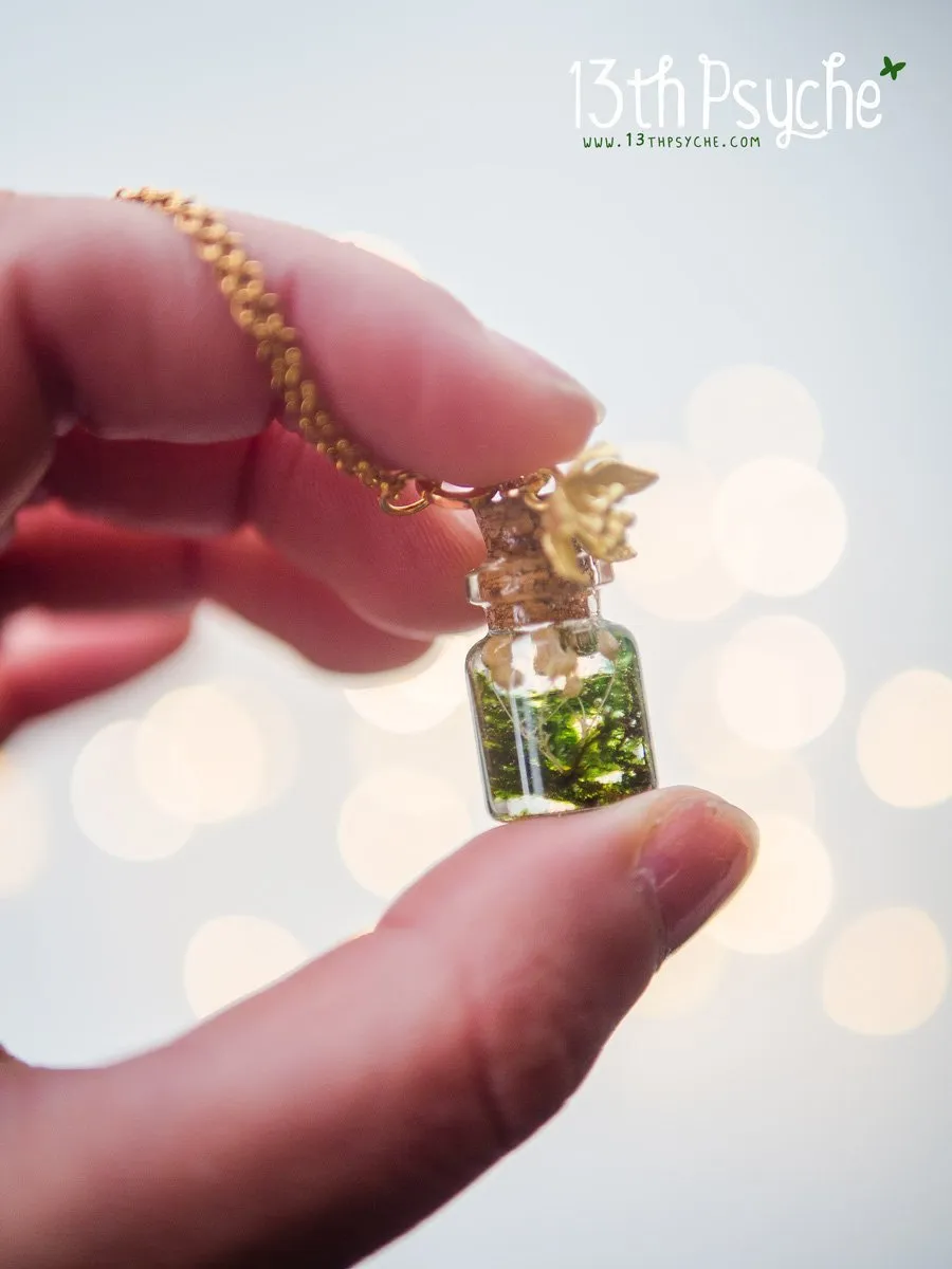 Tiny real moss bottle pendant necklace