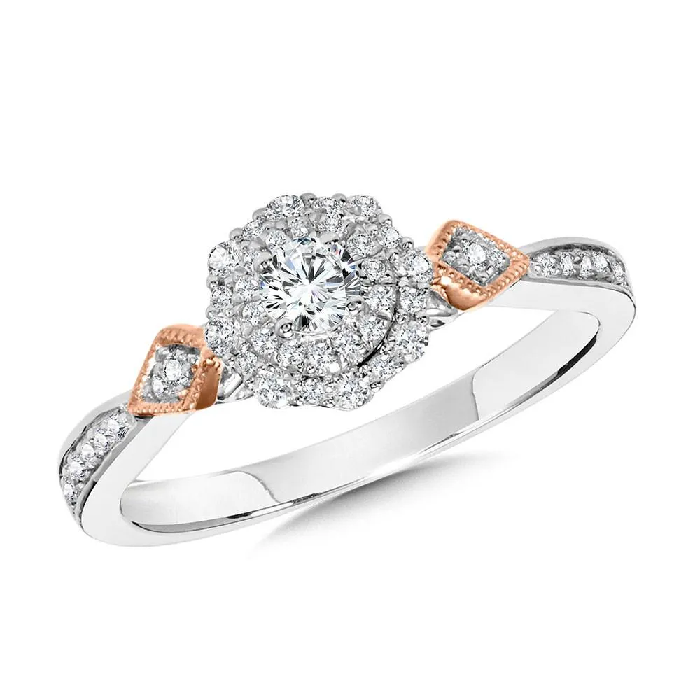 TWO TONE, VINTAGE, DOUBLE HALO ENGAGEMENT RING