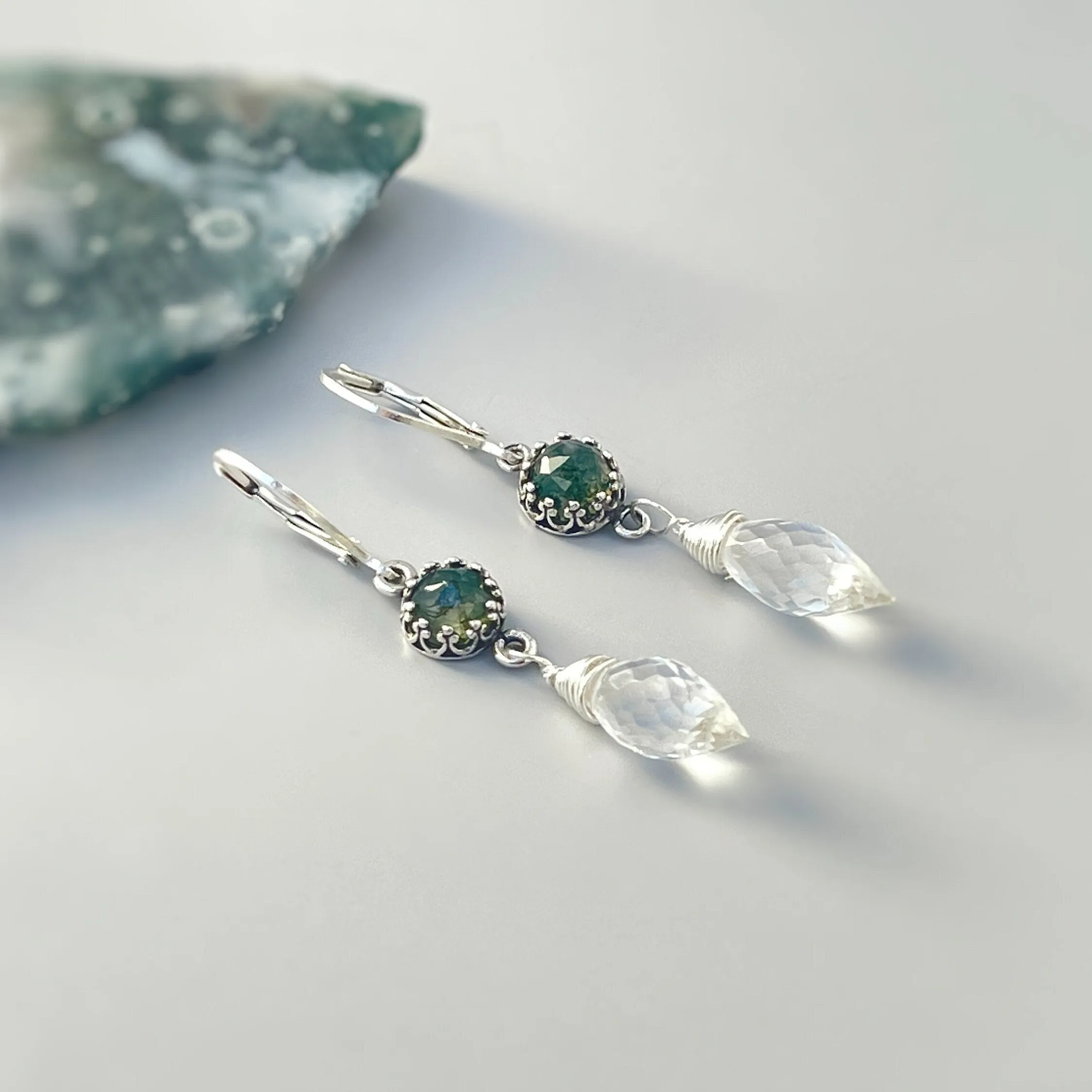 Unique Handmade Moss Agate and Crystal Quartz Earrings Dangle