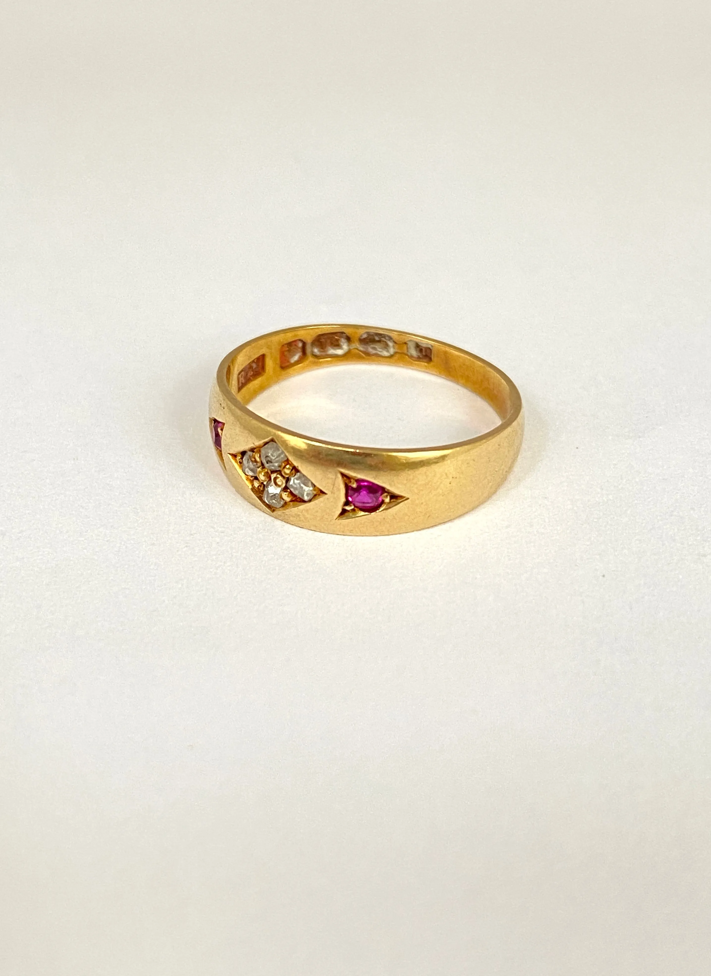 Victorian, 18ct Gold Ruby and Rose Cut Diamond Gypsy Ring Hallmarked, Birmingham 1878