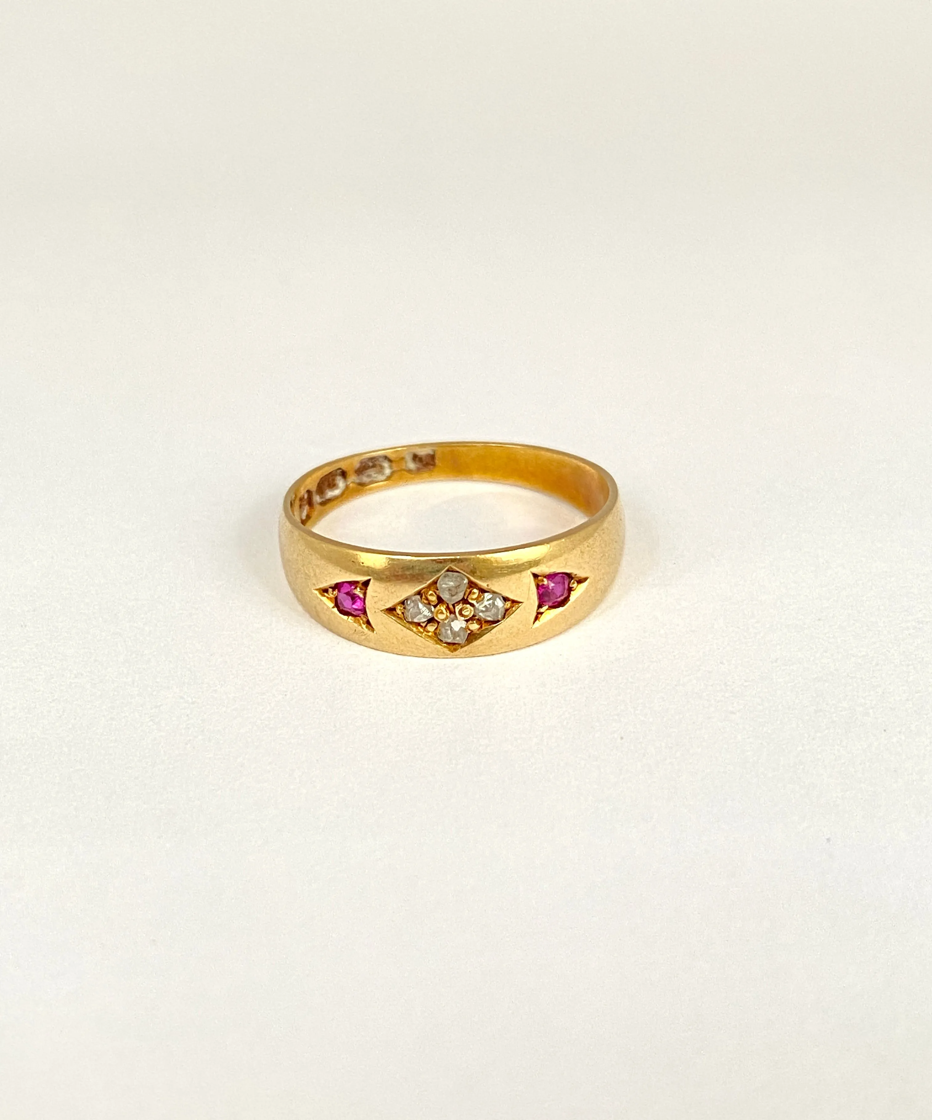 Victorian, 18ct Gold Ruby and Rose Cut Diamond Gypsy Ring Hallmarked, Birmingham 1878