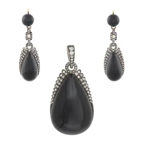 Victorian French 18kt/Sterling, Diamond   Onyx Day-to-Night Earrings/Locket Pendant Set