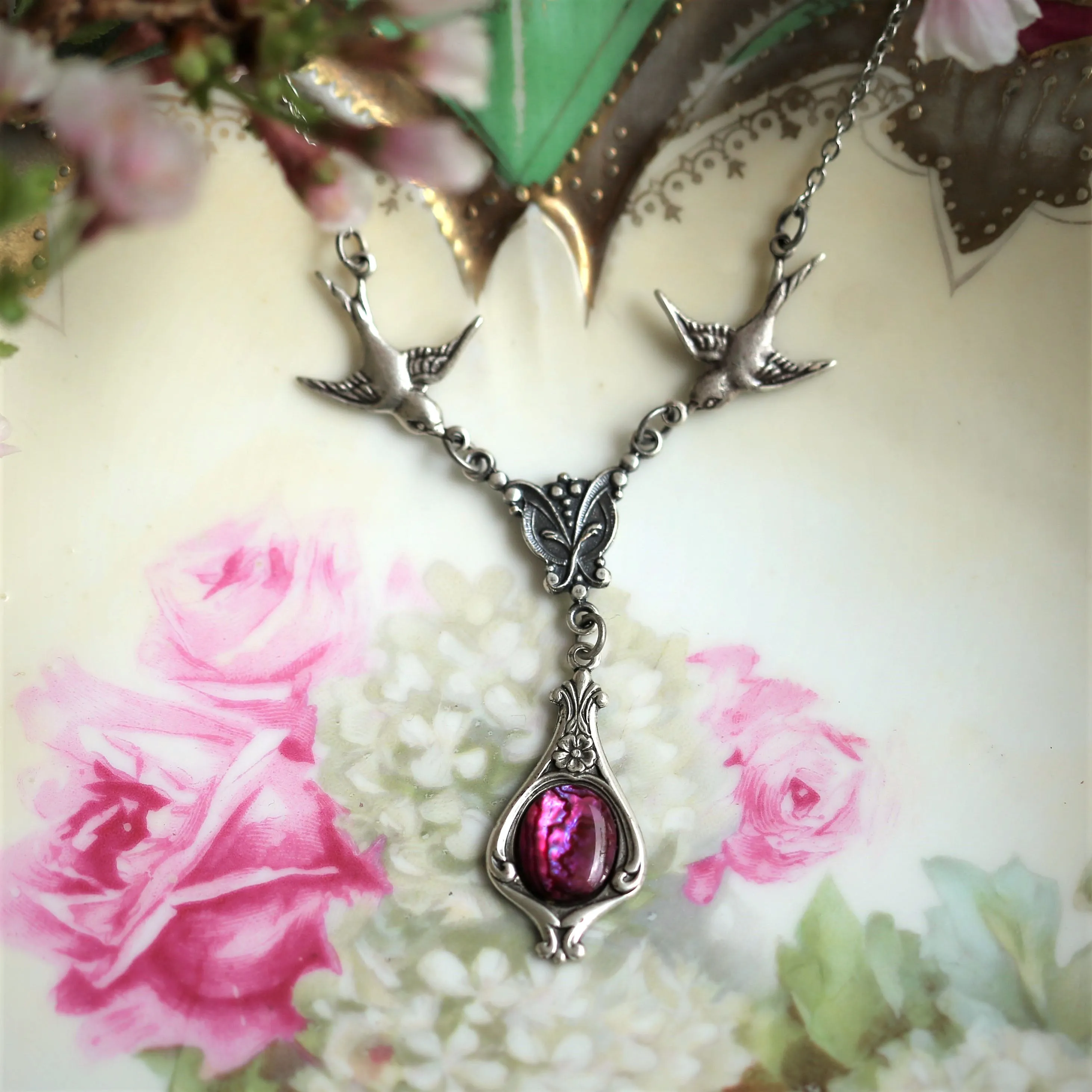 Victorian Necklace with Birds.  Choose a Stone or Shell in Pink Purple or White.