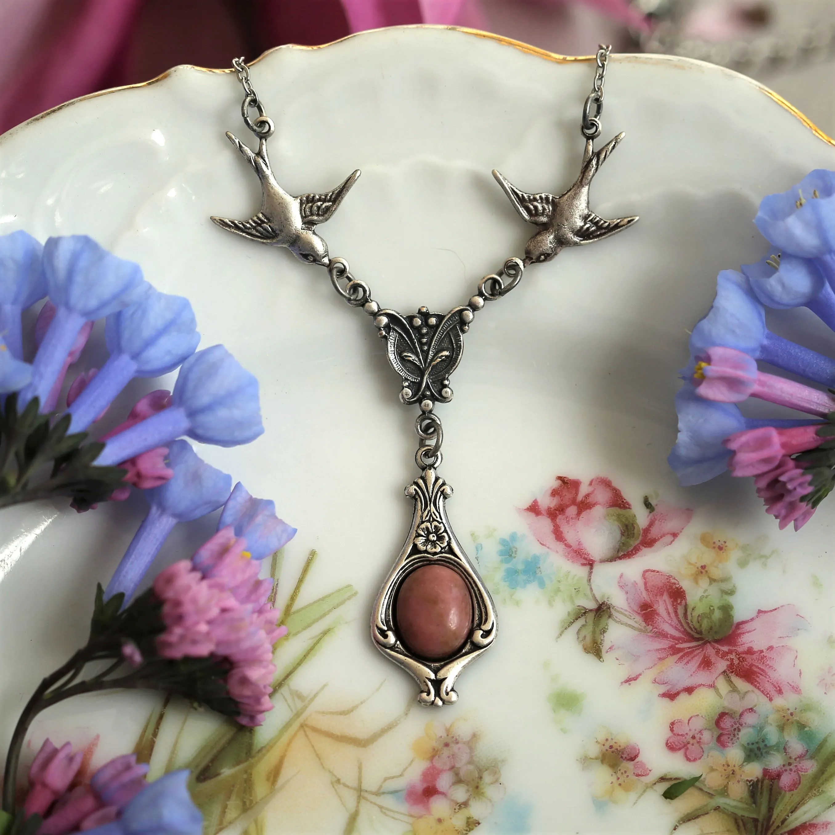 Victorian Necklace with Birds.  Choose a Stone or Shell in Pink Purple or White.