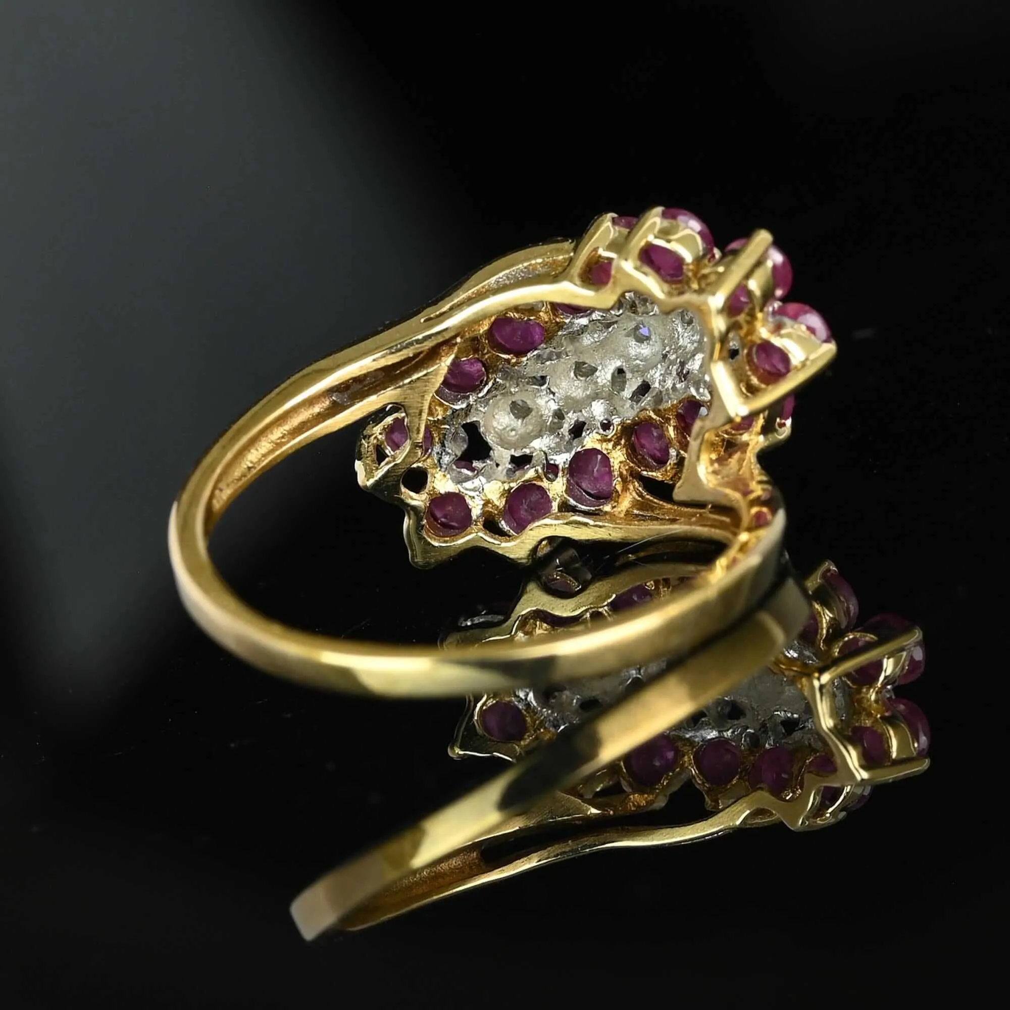 Vintage 10K Gold Bypass Diagonal Diamond Ruby Cluster Ring