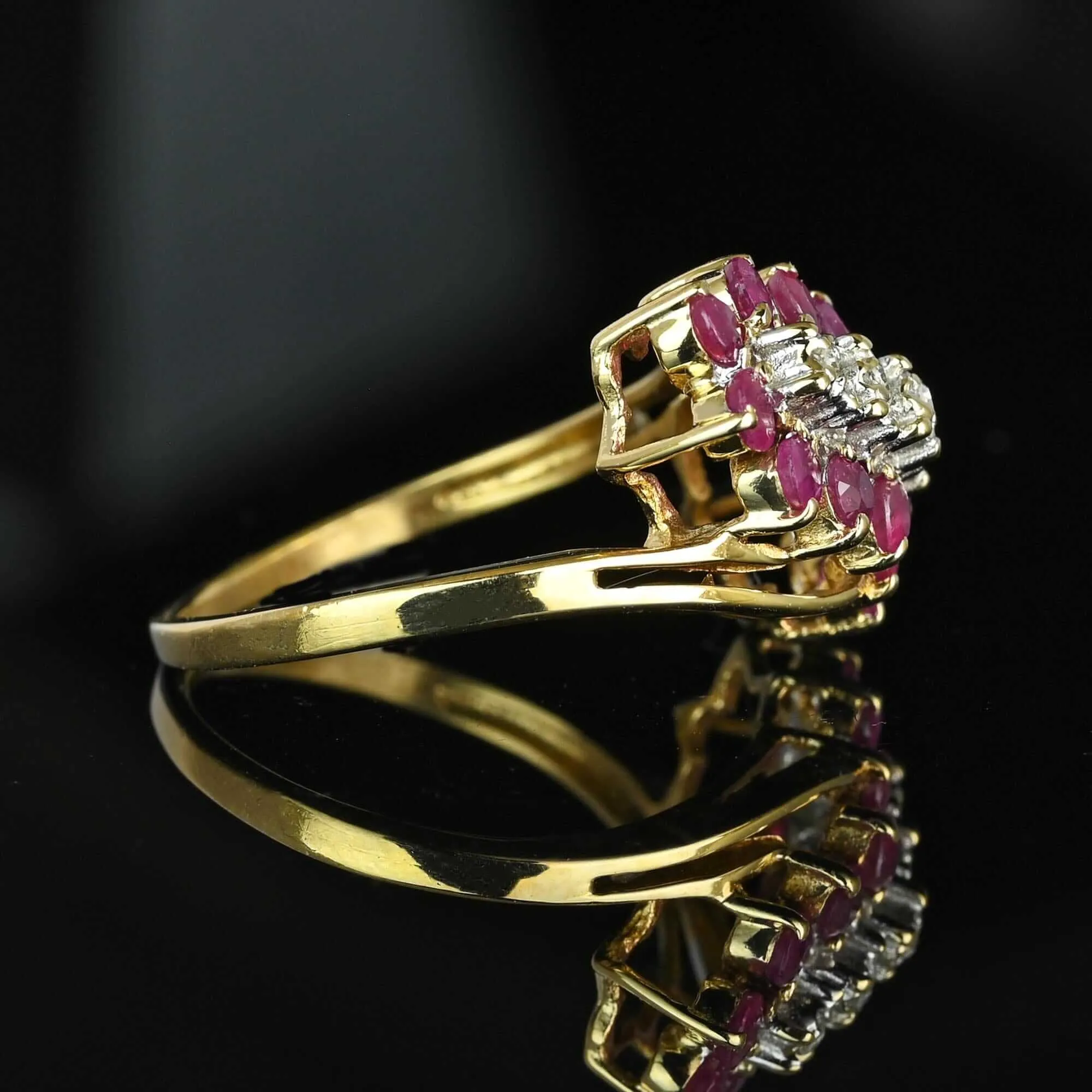 Vintage 10K Gold Bypass Diagonal Diamond Ruby Cluster Ring