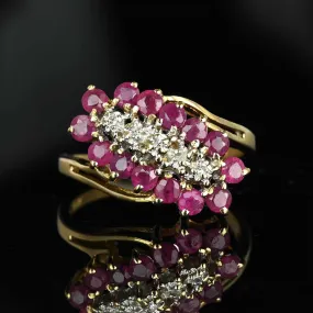 Vintage 10K Gold Bypass Diagonal Diamond Ruby Cluster Ring