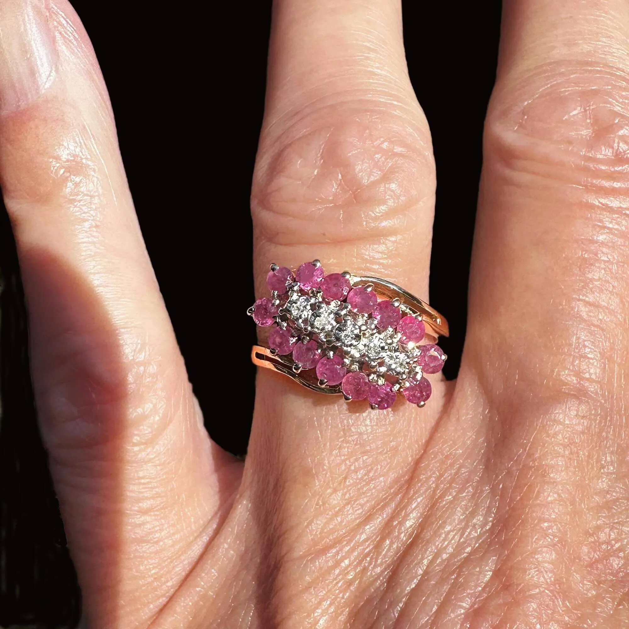 Vintage 10K Gold Bypass Diagonal Diamond Ruby Cluster Ring