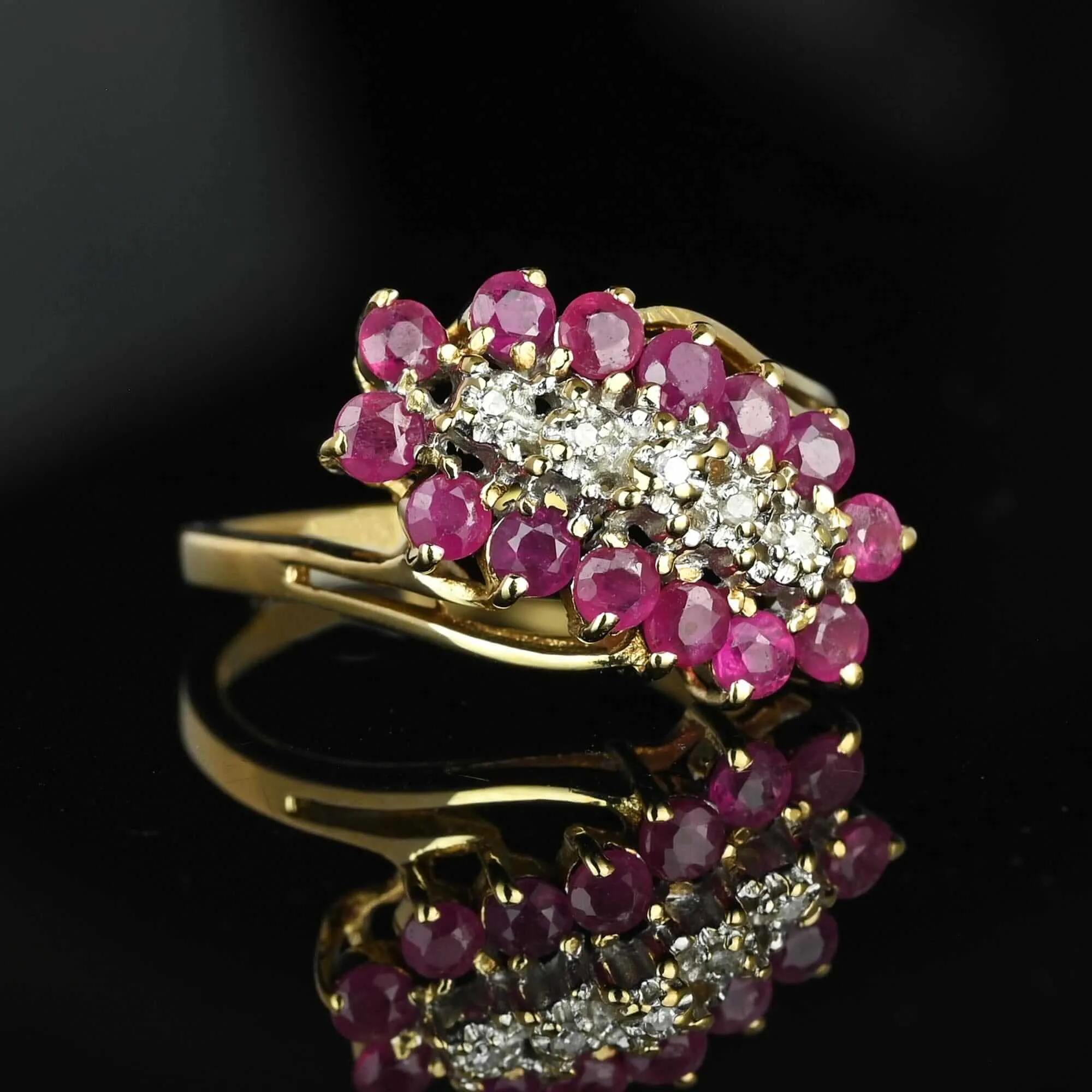 Vintage 10K Gold Bypass Diagonal Diamond Ruby Cluster Ring