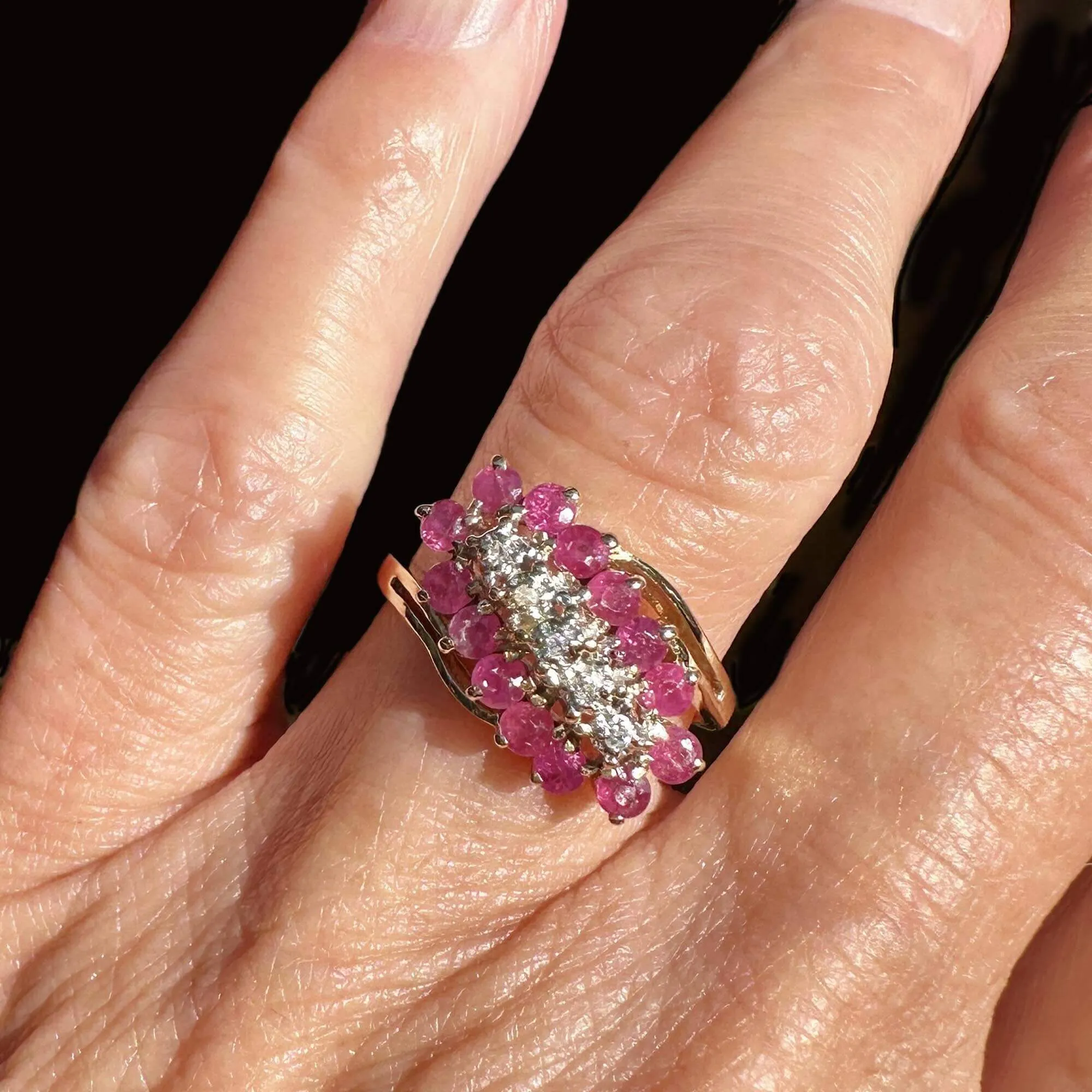 Vintage 10K Gold Bypass Diagonal Diamond Ruby Cluster Ring