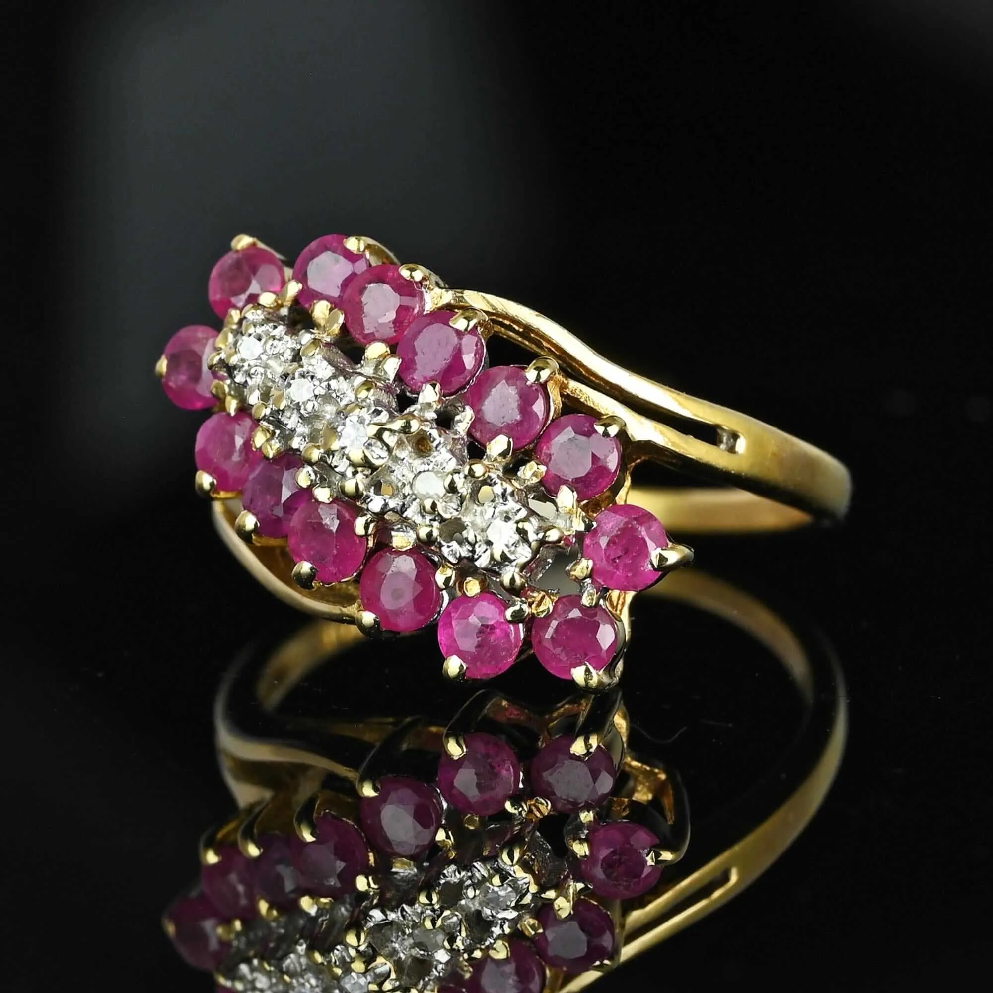 Vintage 10K Gold Bypass Diagonal Diamond Ruby Cluster Ring