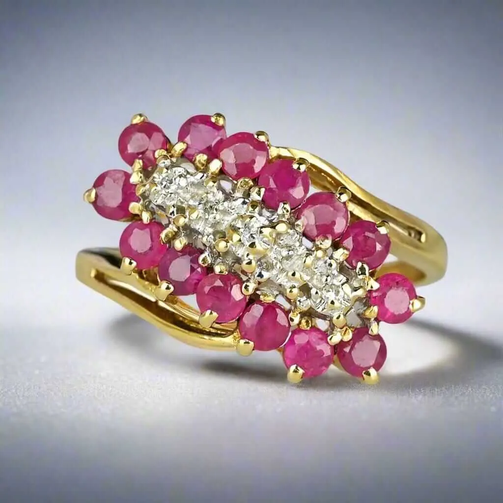 Vintage 10K Gold Bypass Diagonal Diamond Ruby Cluster Ring