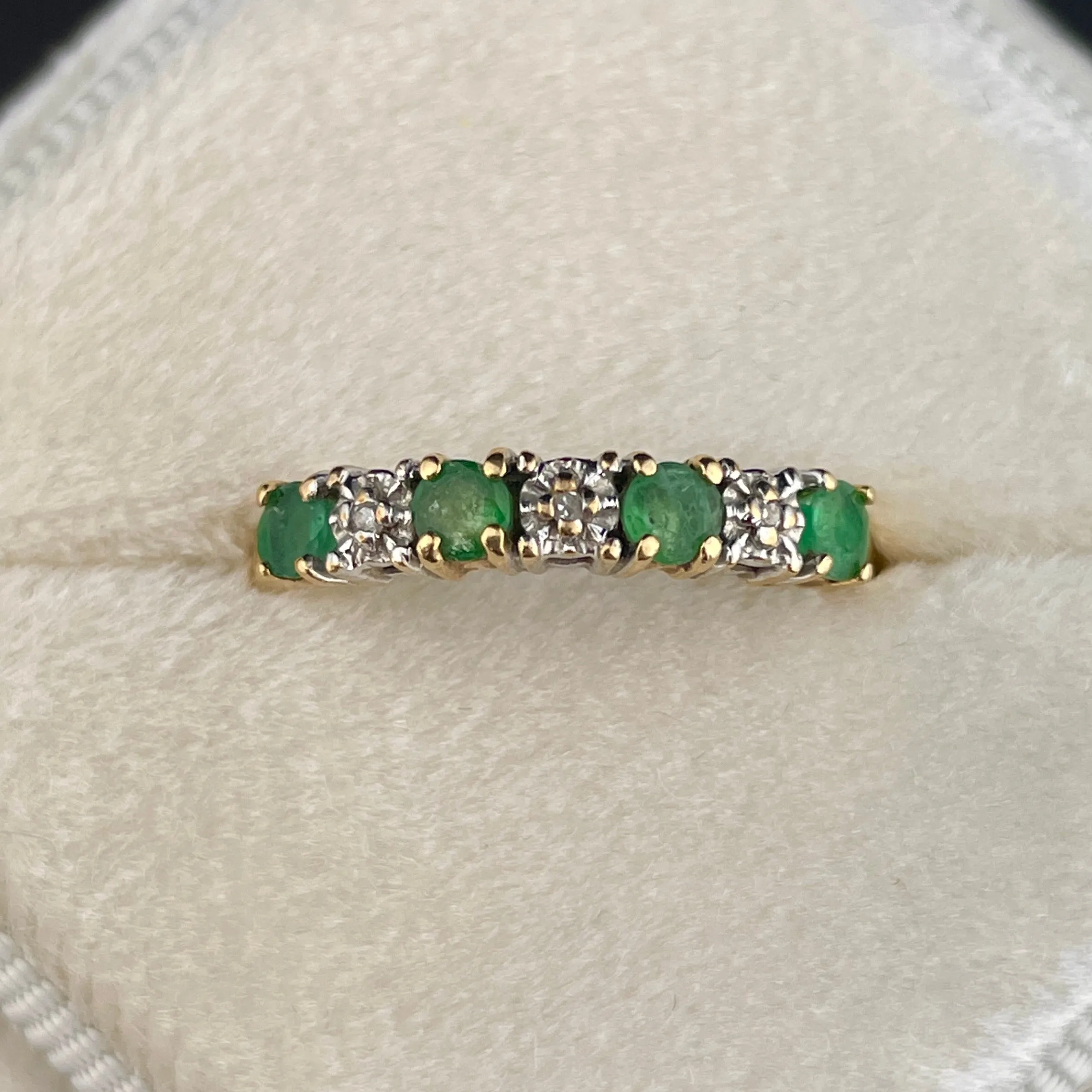 Vintage 10K Gold Diamond Emerald Half Eternity Band Ring, Sz 5 1/2