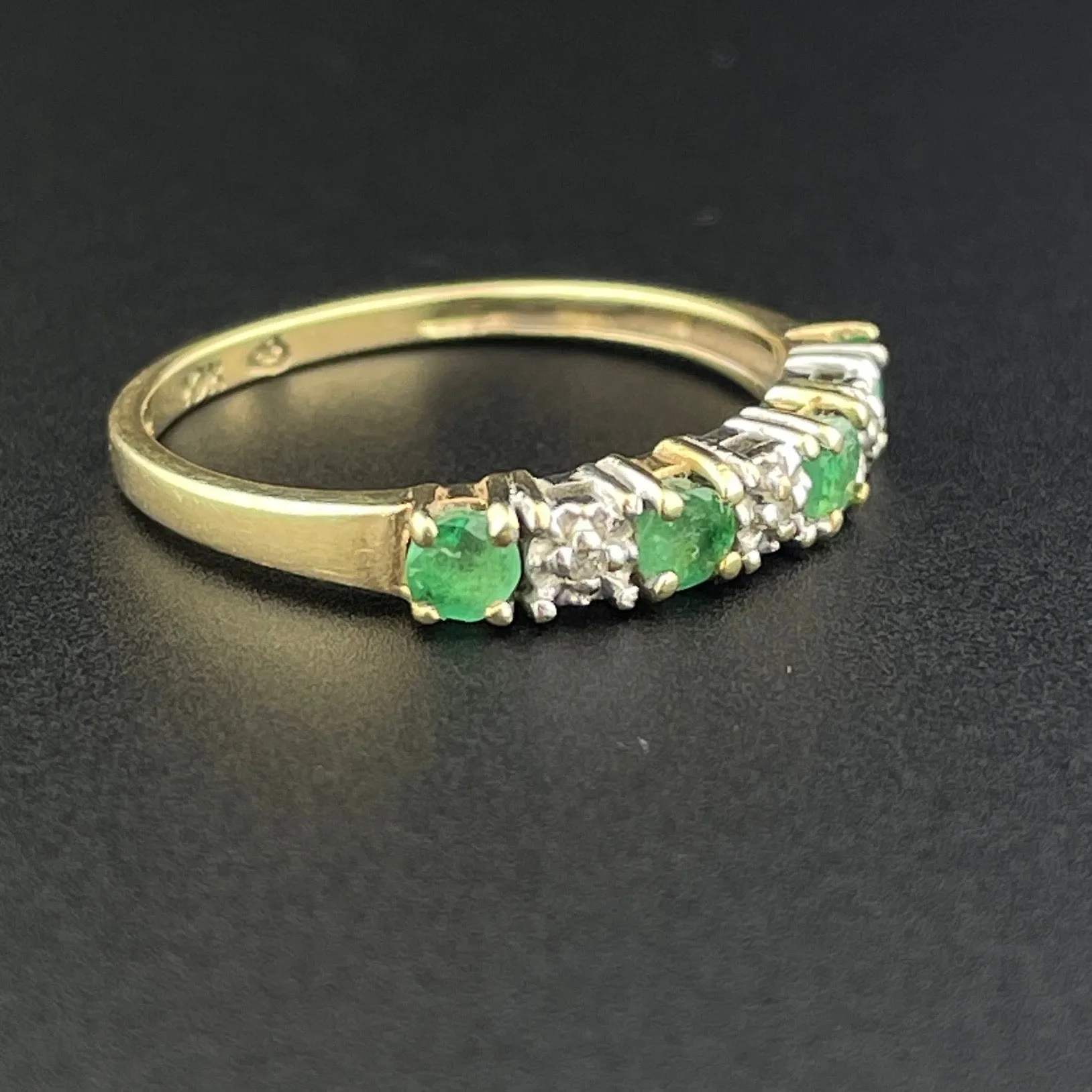 Vintage 10K Gold Diamond Emerald Half Eternity Band Ring, Sz 5 1/2