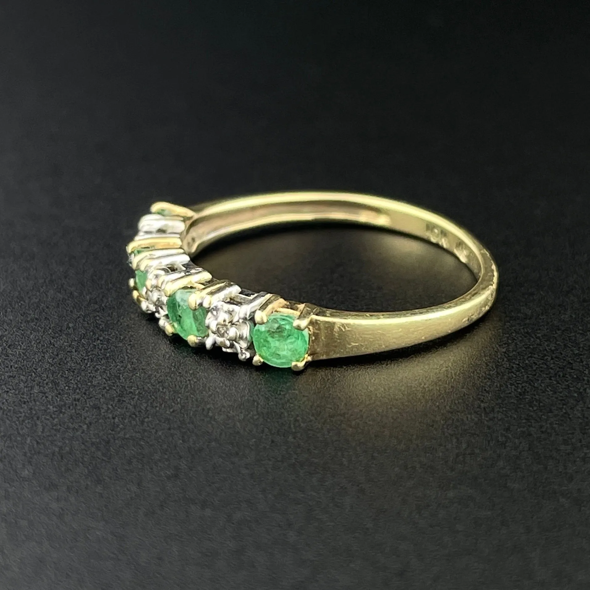 Vintage 10K Gold Diamond Emerald Half Eternity Band Ring, Sz 5 1/2