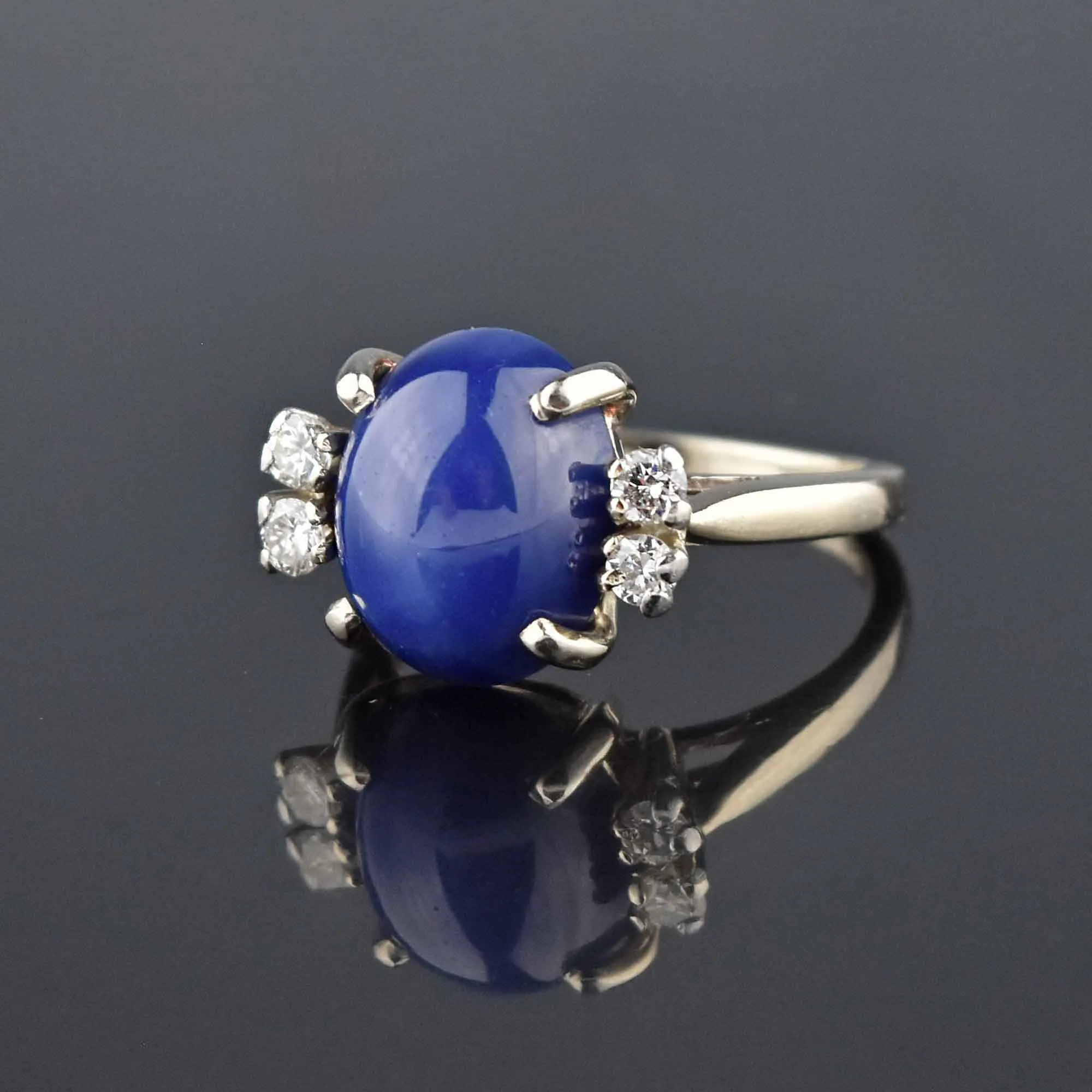 Vintage 14K White Gold Diamond Blue Star Sapphire Ring