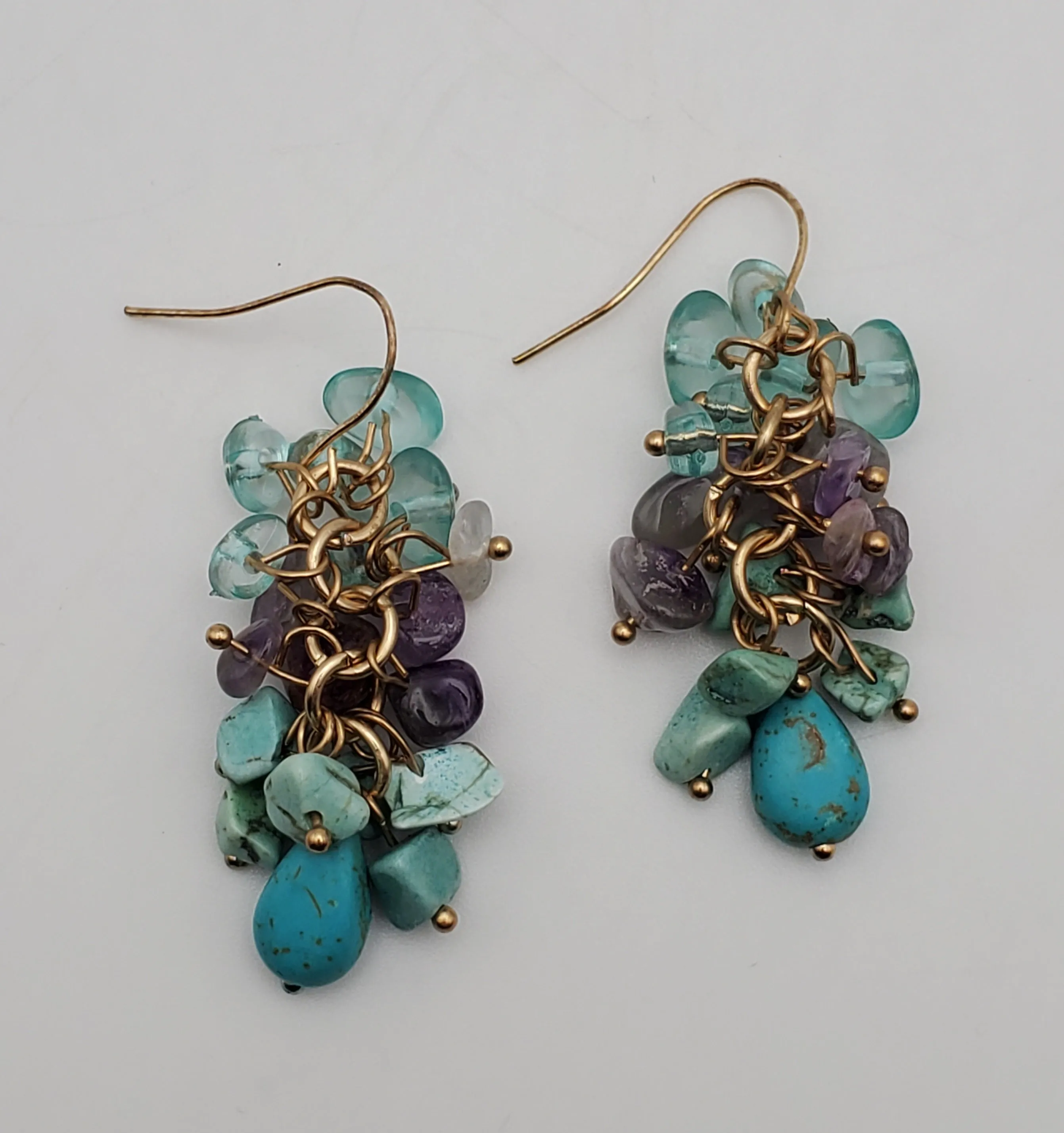 Vintage Amethyst and Turquoise Nugget Bead Gold Tone Dangle Earrings