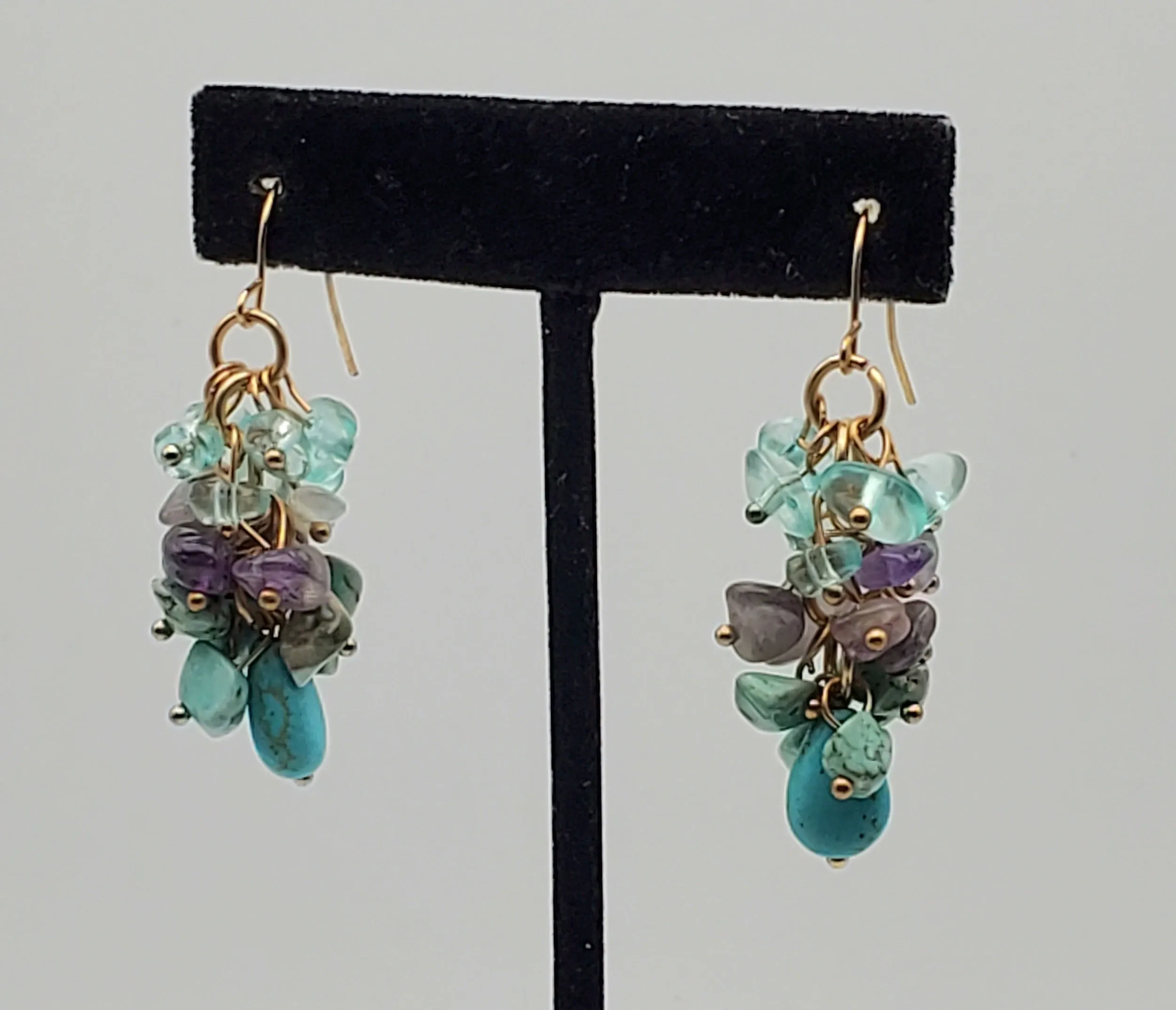 Vintage Amethyst and Turquoise Nugget Bead Gold Tone Dangle Earrings