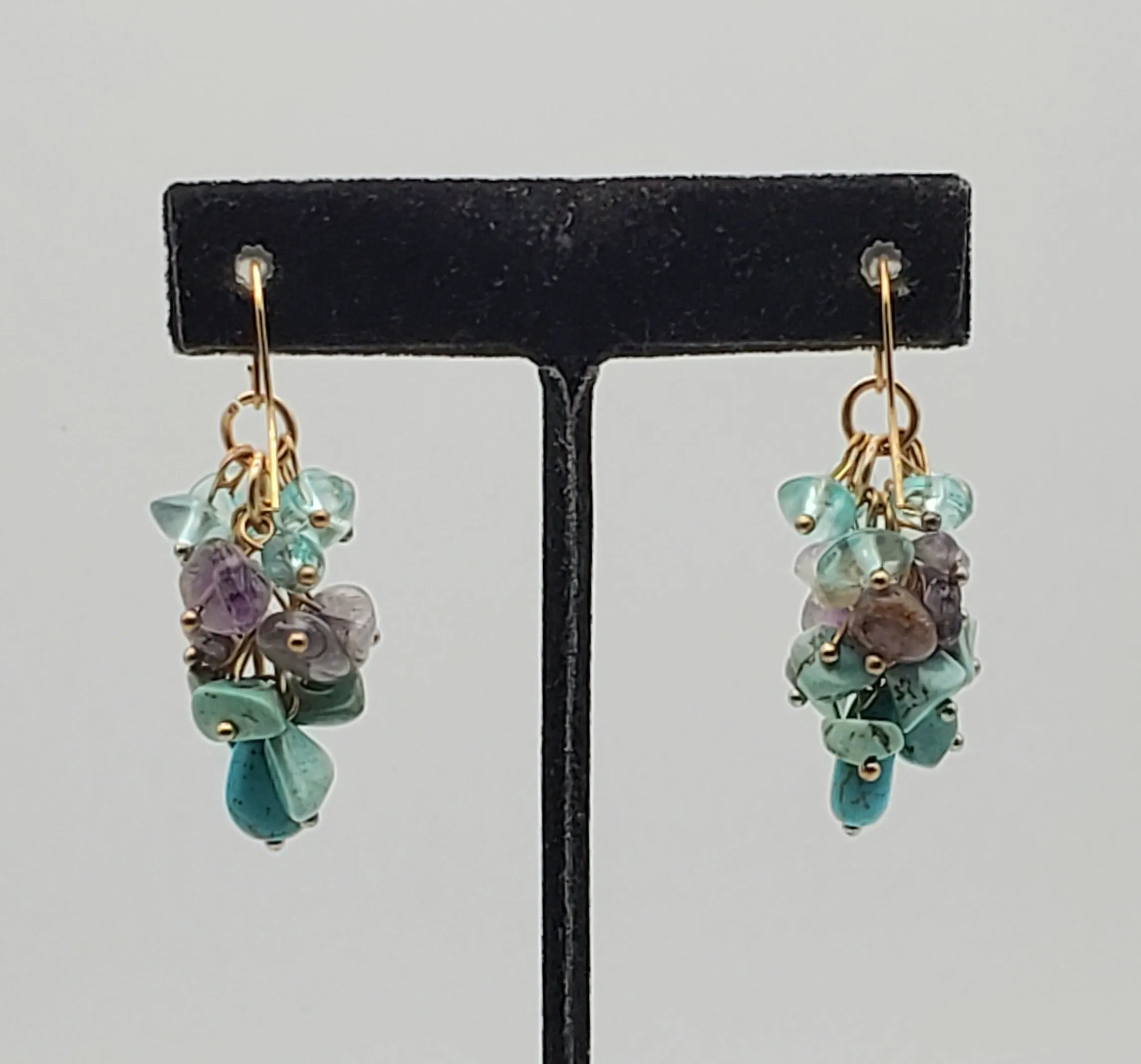 Vintage Amethyst and Turquoise Nugget Bead Gold Tone Dangle Earrings