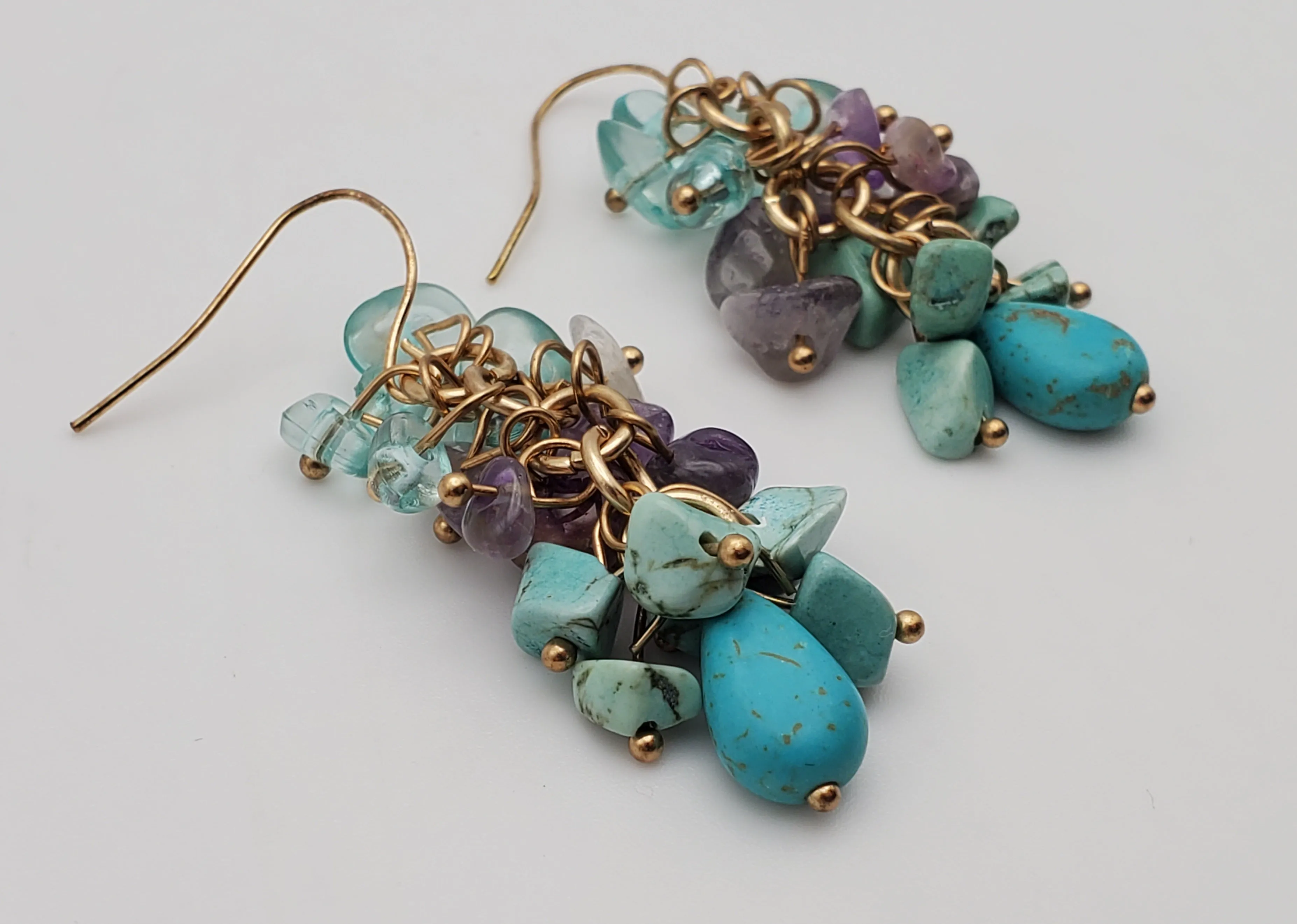 Vintage Amethyst and Turquoise Nugget Bead Gold Tone Dangle Earrings